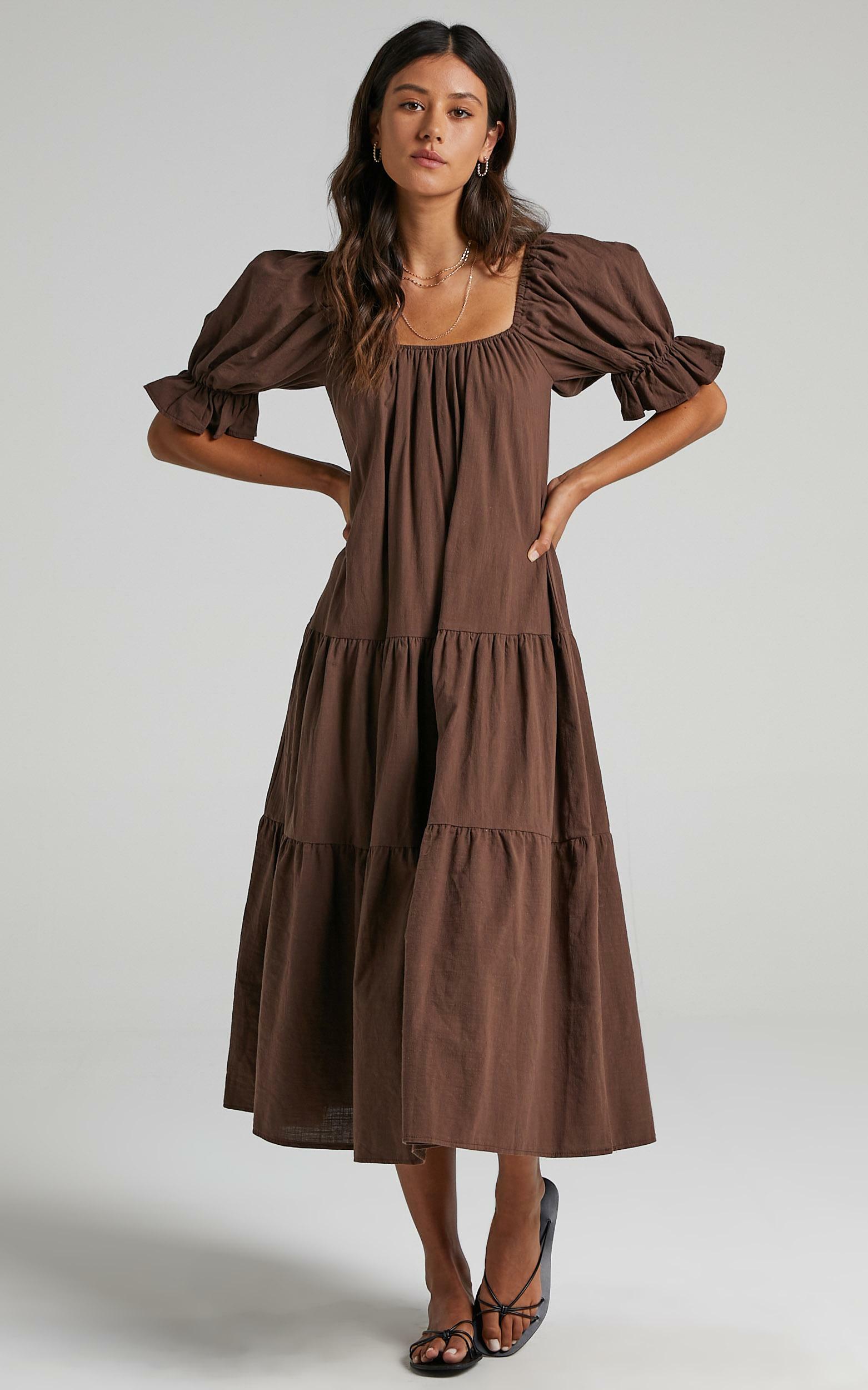 Zaharrah Tiered Midi Dress in Chocolate Linen Look | Showpo