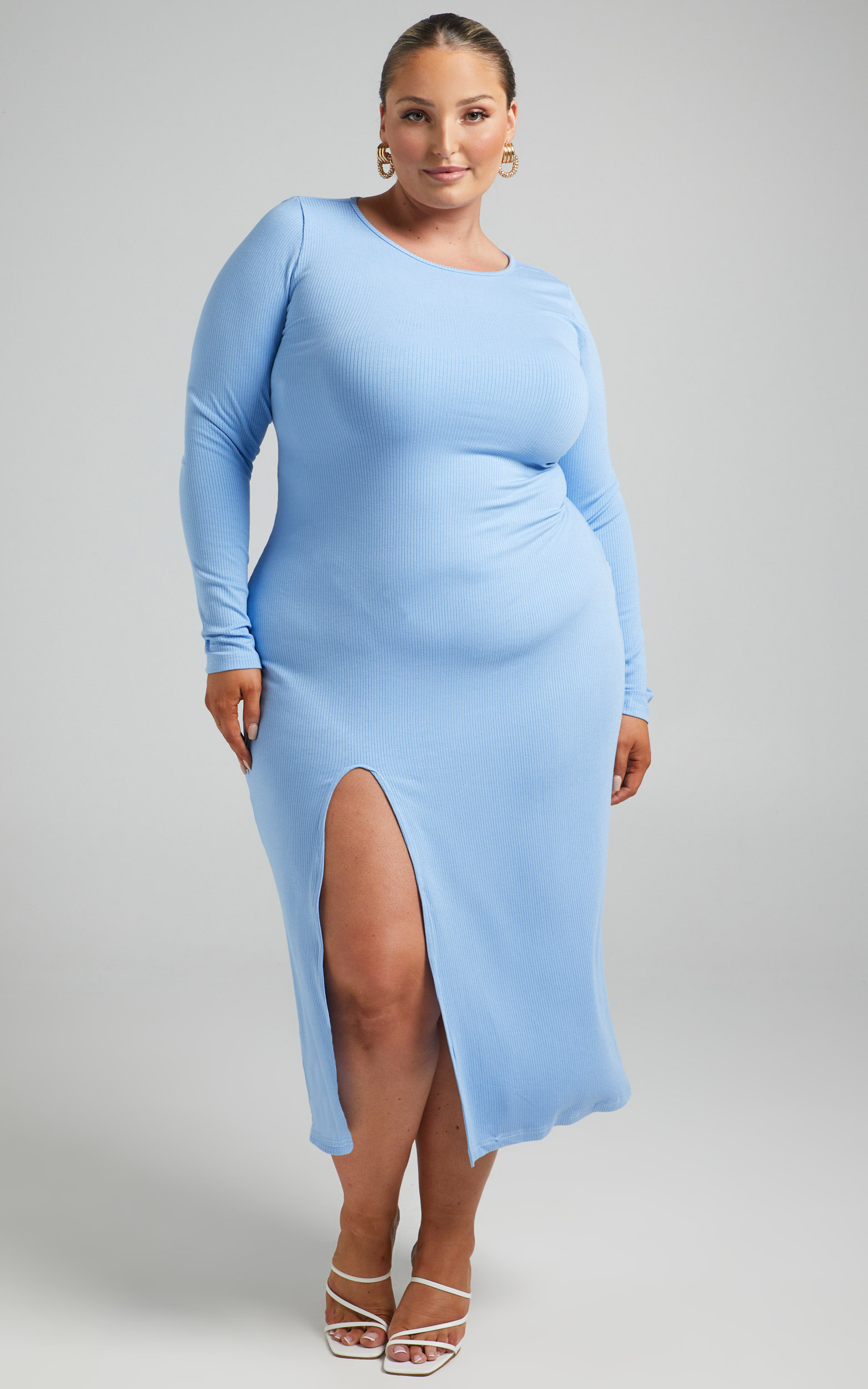Jaeleigh Long sleeve Midi Dress with Cut Out Back in Cornflower Blue - 04, BLU1, hi-res image number null