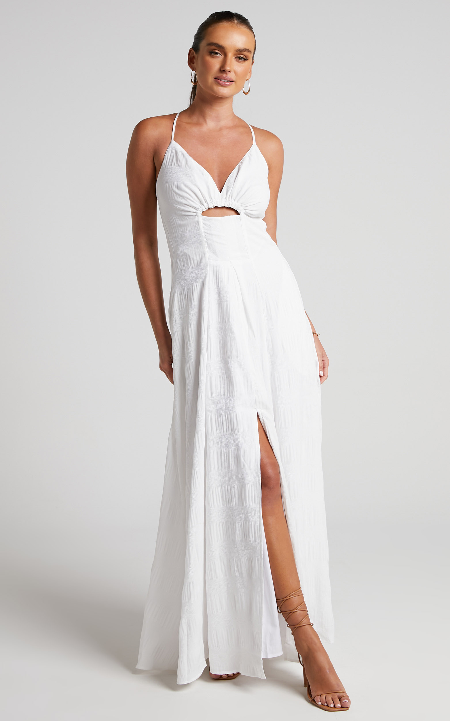 Marisse Maxi Dress - Cut Out Front Split Cross Back Textured Dress in White - 06, WHT2, hi-res image number null