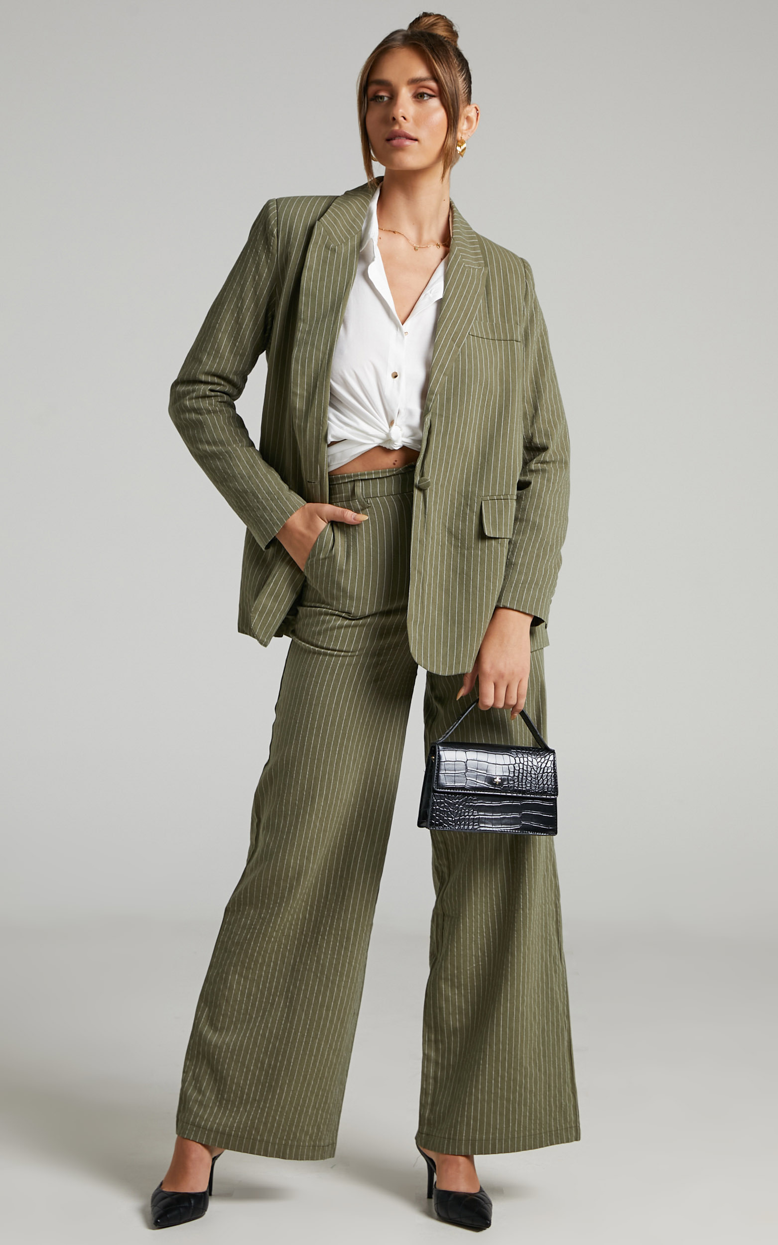 Florencia Pinstripe Wide Leg Pants in Olive - 04, GRN1, hi-res image number null