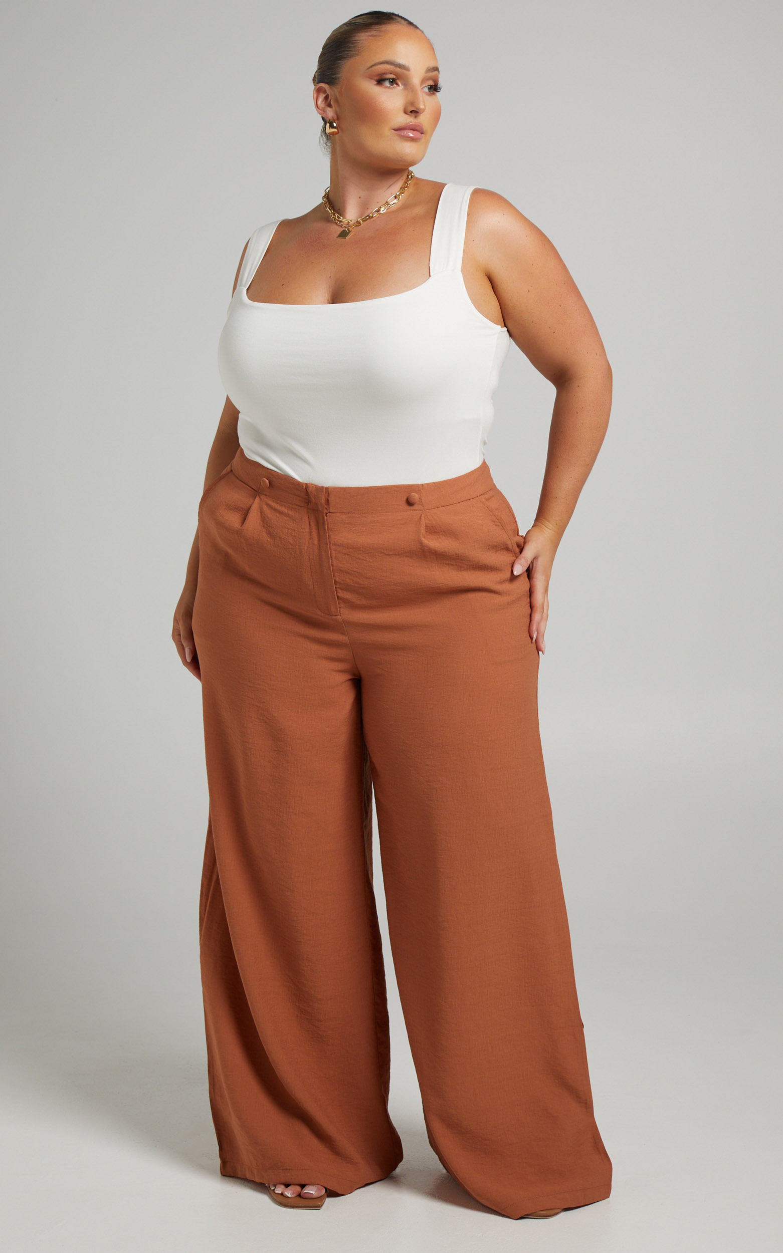 Nathan Double Button Pleated Wide Leg Pant in Brown Linen - 06, BRN1, hi-res image number null