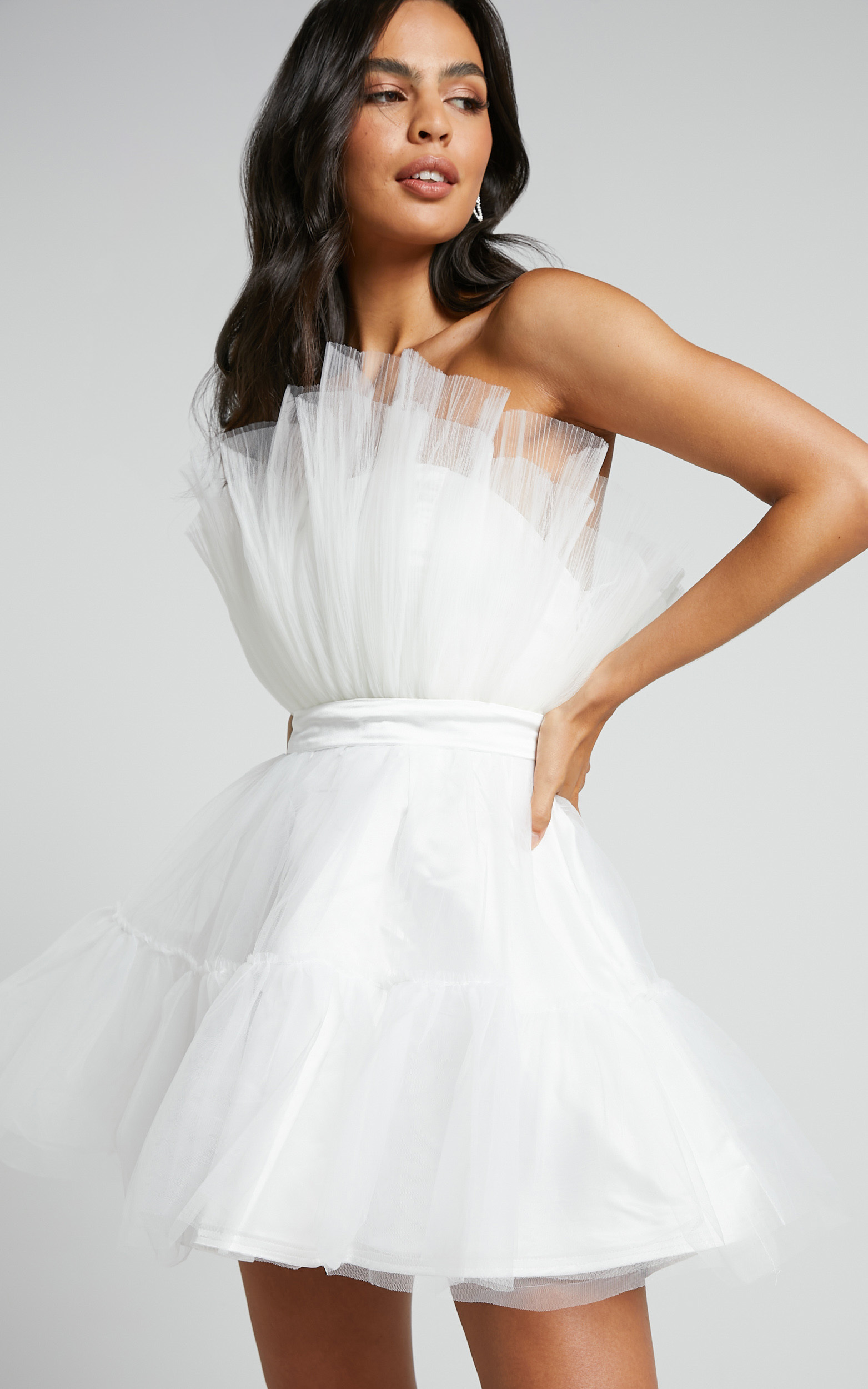 Amalya Mini Dress - Tiered Tulle Fit and Flare Dress in White - 04, WHT1, hi-res image number null