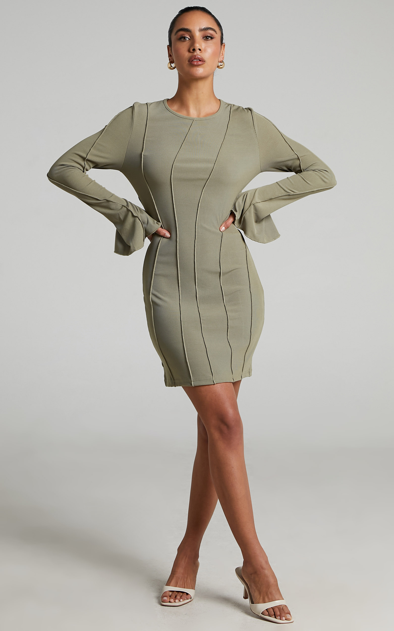 Anneth Long Sleeve Dress with Contrast Detail in Khaki - 04, GRN1, hi-res image number null