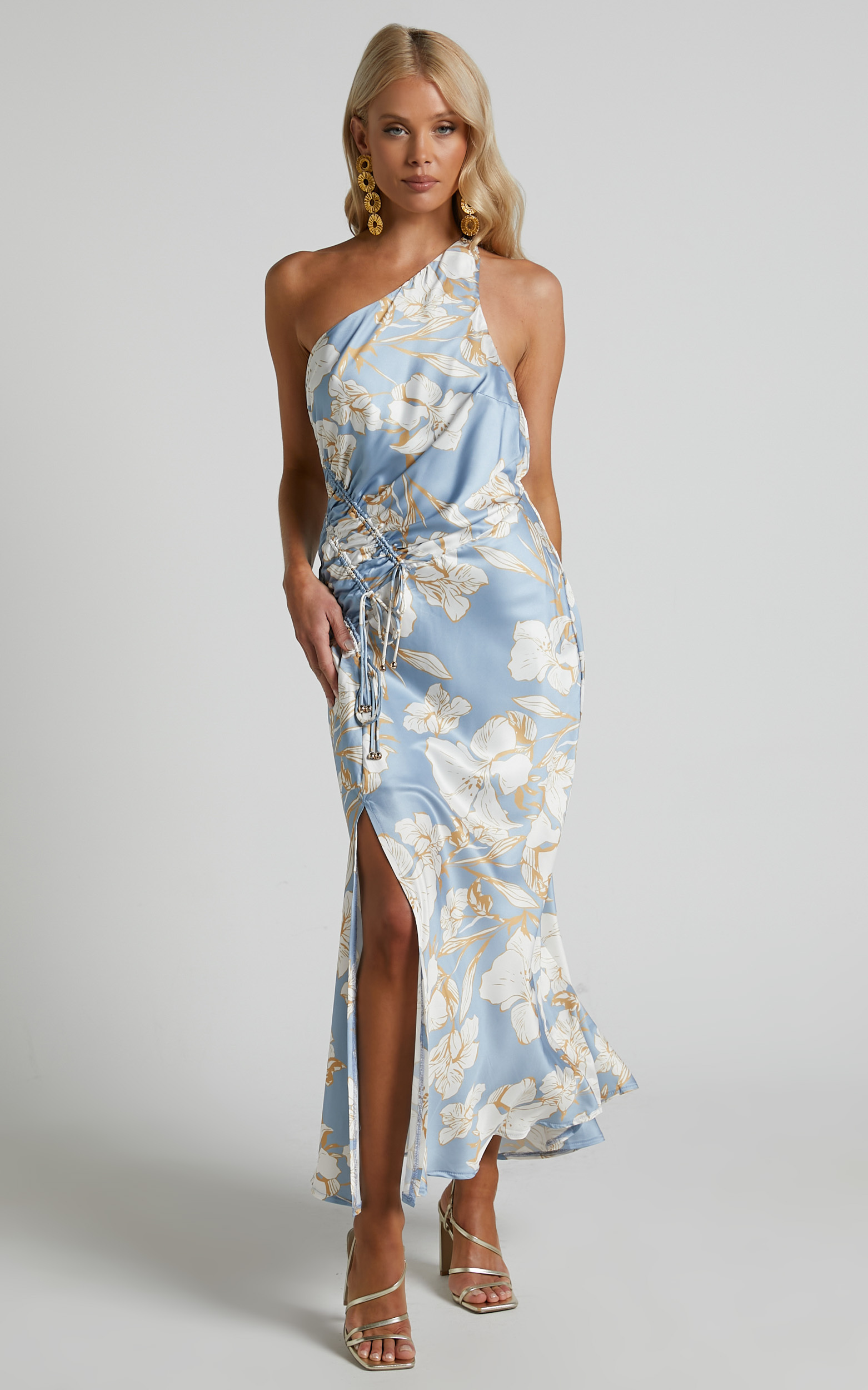 Surene One Shoulder Side Ruched Split Satin Midi Dress in Blue Floral - 06, BLU1, hi-res image number null