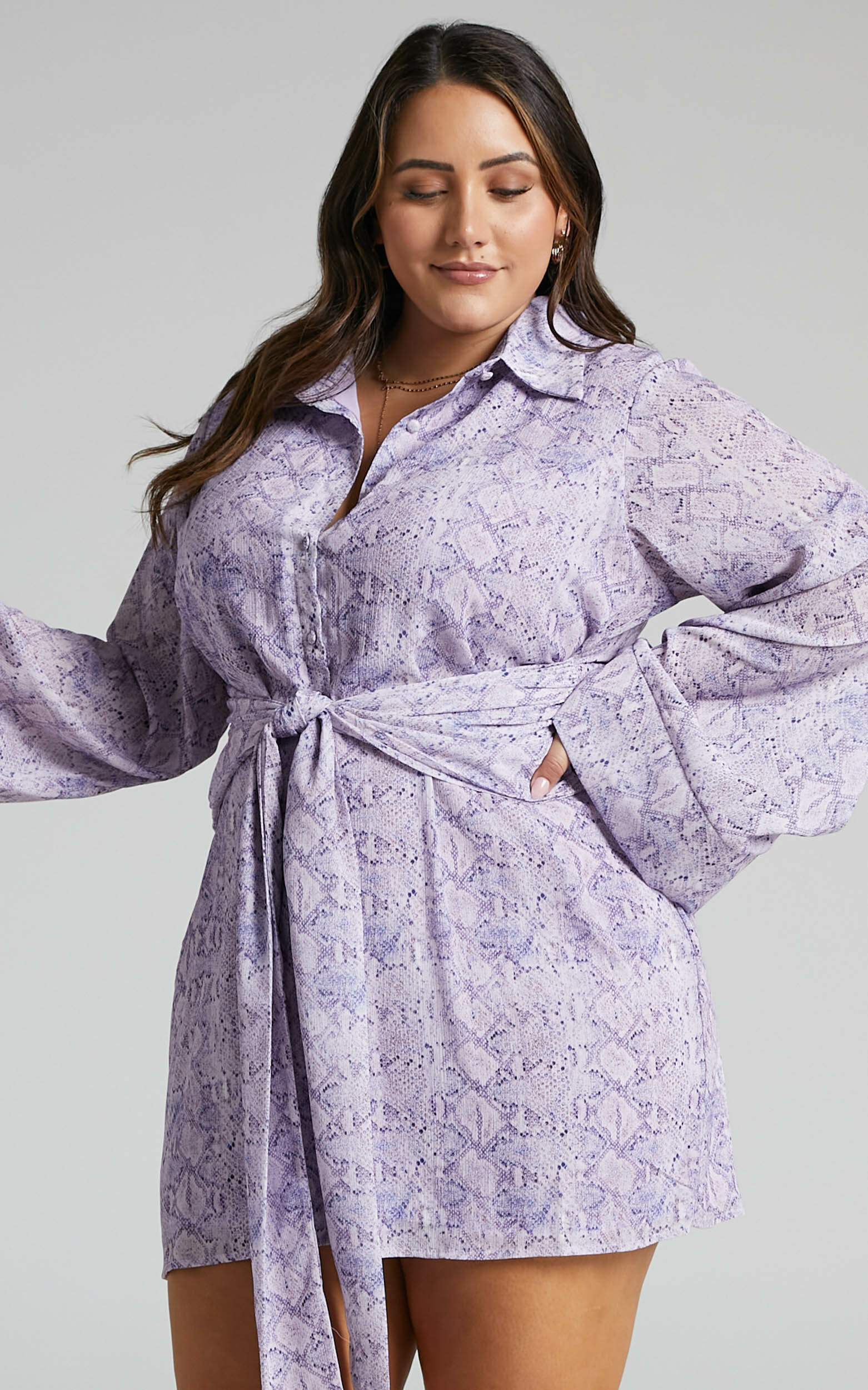 Hadid Button Down Waist Tie Shirt Dress in Lilac Snake Print - 06, MLT3, hi-res image number null