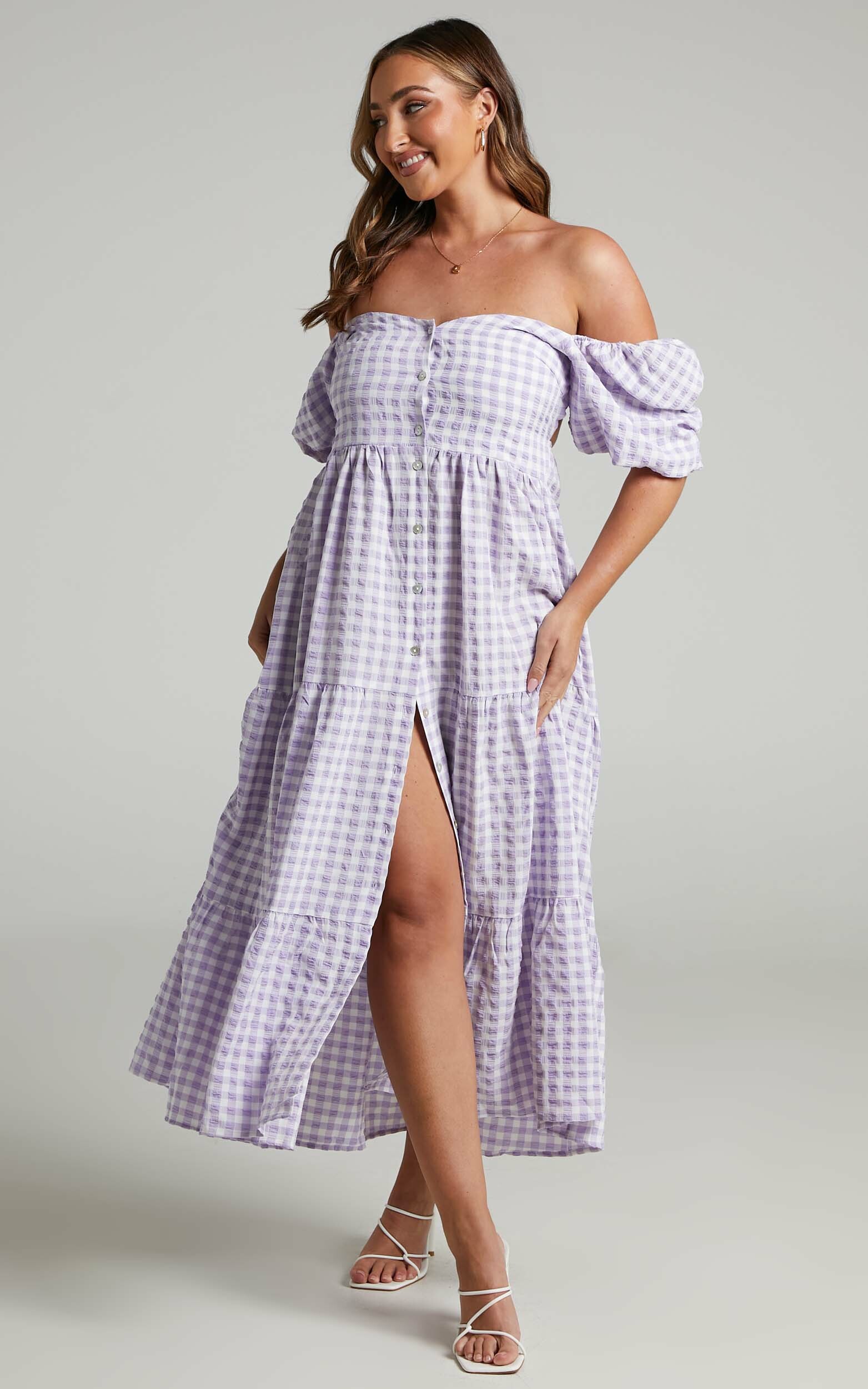 Drigeth Puff Sleeve Open Back Midi Dress in Lilac Gingham - 04, PRP1, hi-res image number null