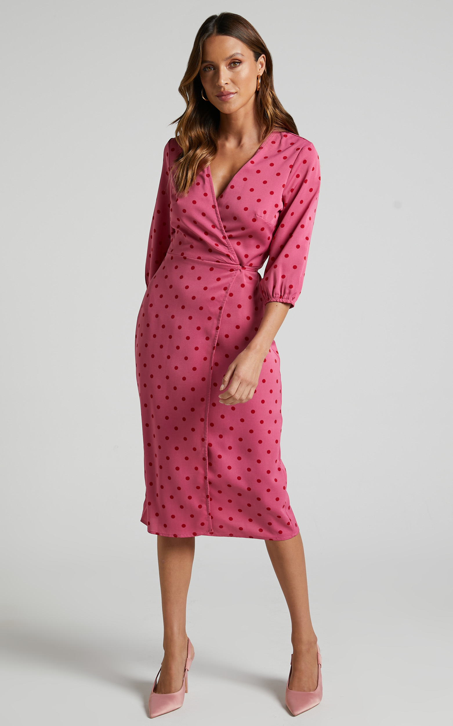 Bethrix 3/4 Sleeve Wrap Midi Dress in Pink and Red Polka Dot - 04, PNK1, hi-res image number null