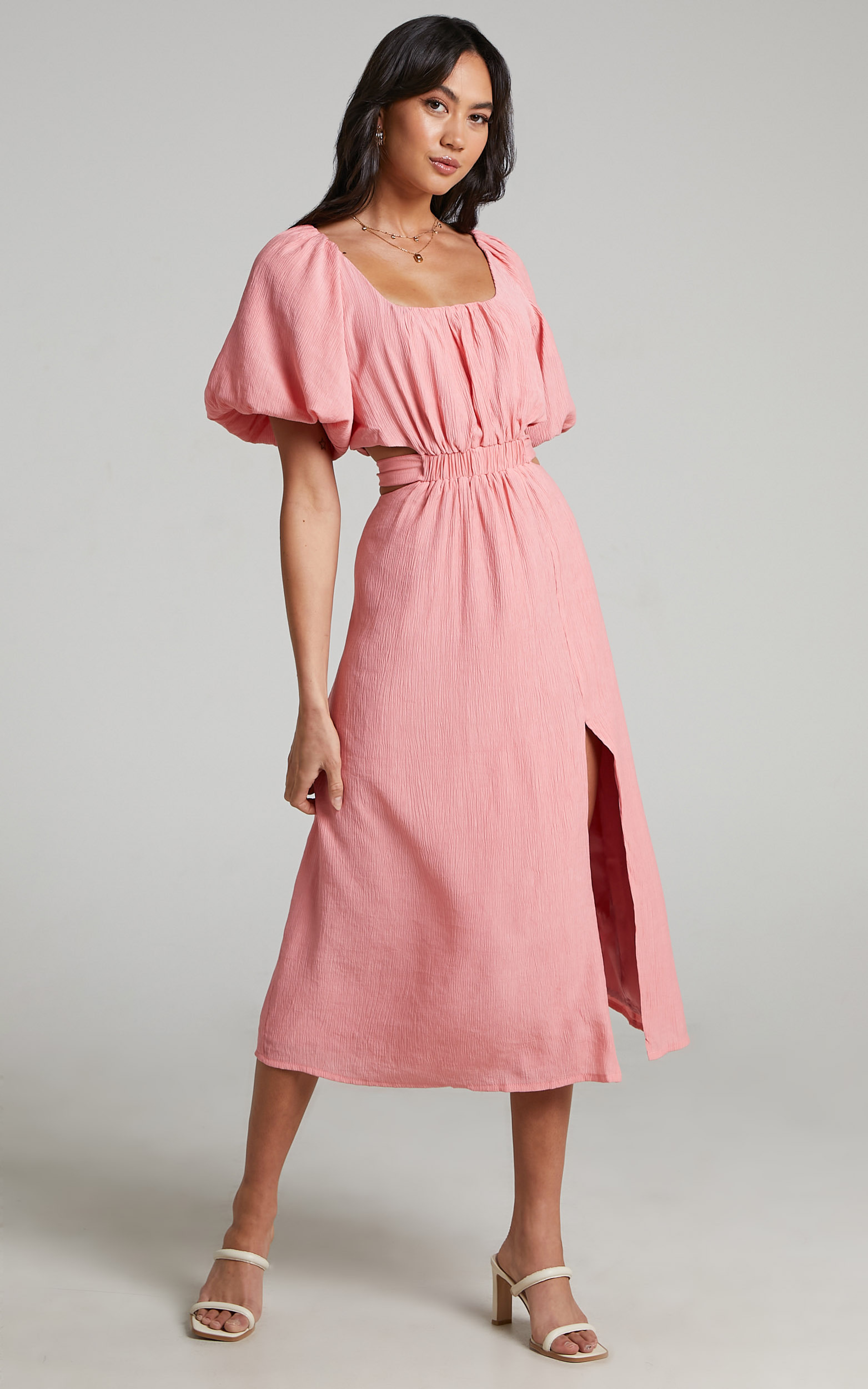 Pristina puff sleeve cut out midi dress in Coral - 06, PNK1, hi-res image number null