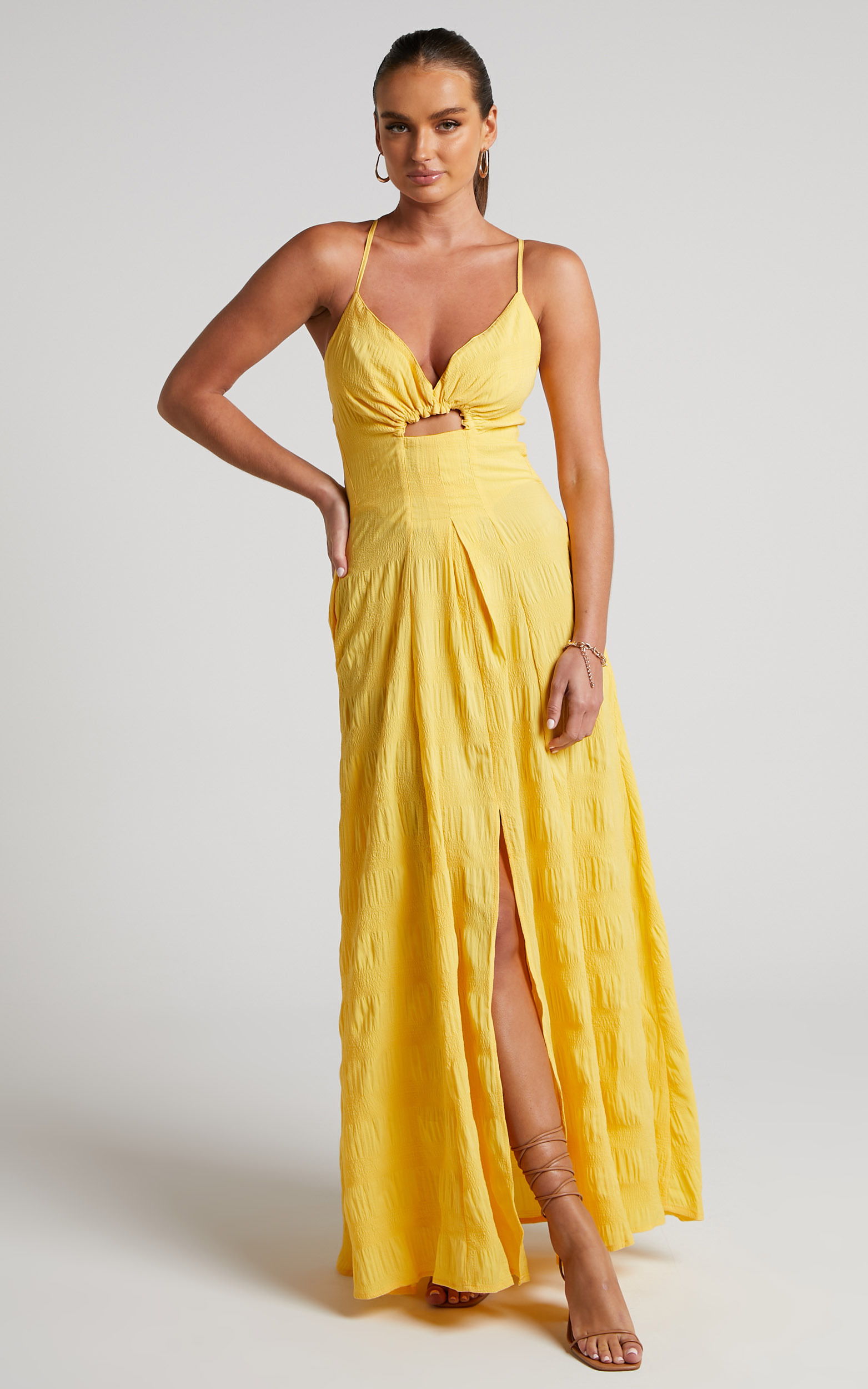 Marisse Maxi Dress - Cut Out Front Split Cross Back Textured Dress in Yellow - 06, YEL1, hi-res image number null
