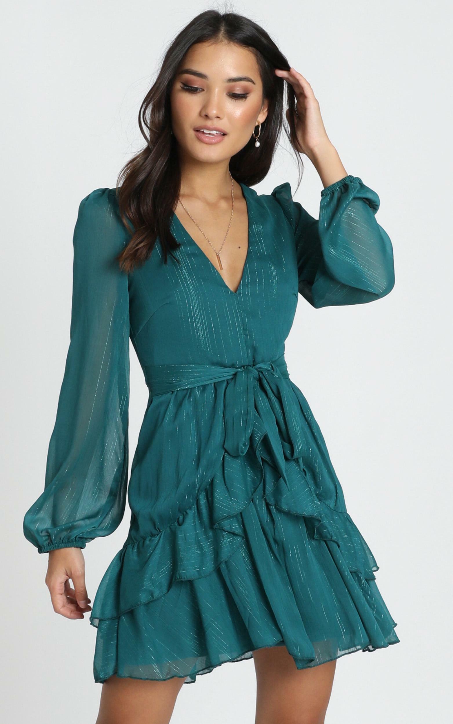 Eyes That Know Me Long Sleeve Ruffle Mini Dress in Teal - 20, GRN3, hi-res image number null