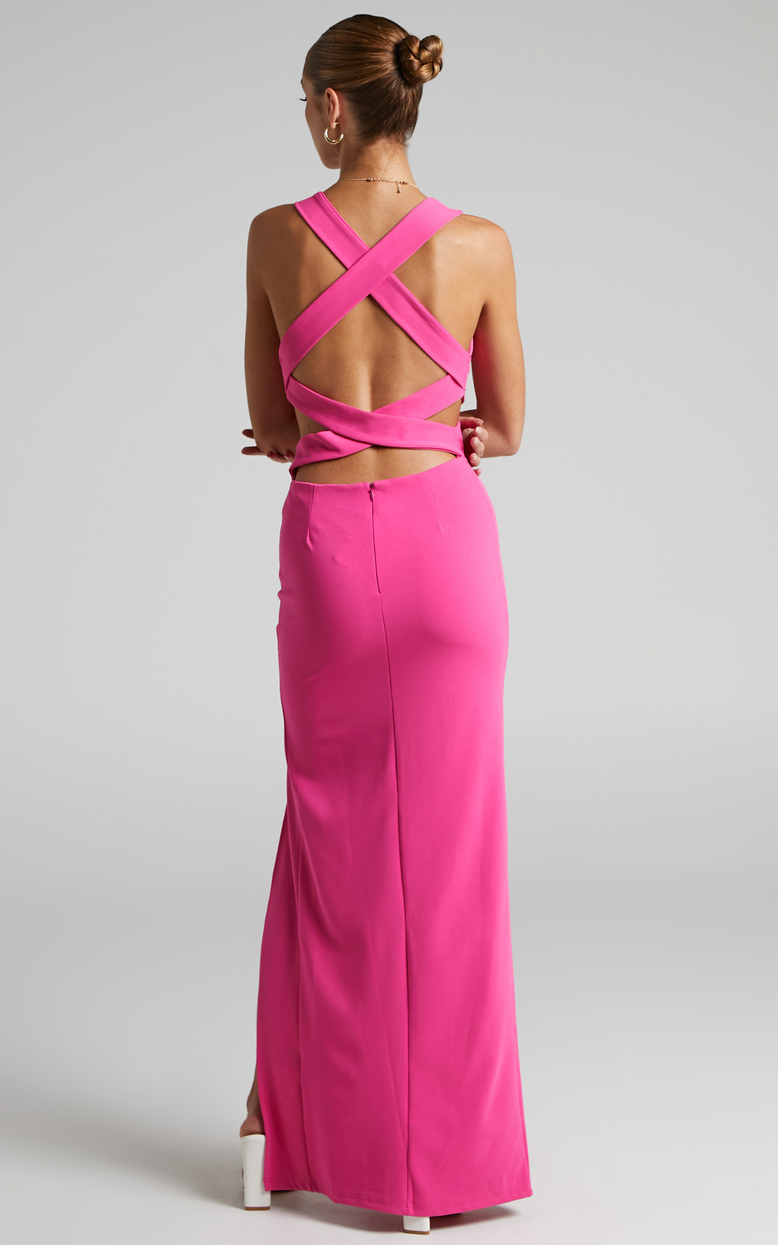Anjie Plunge Neck Cross Back Cut Out Maxi Dress in Berry | Showpo USA