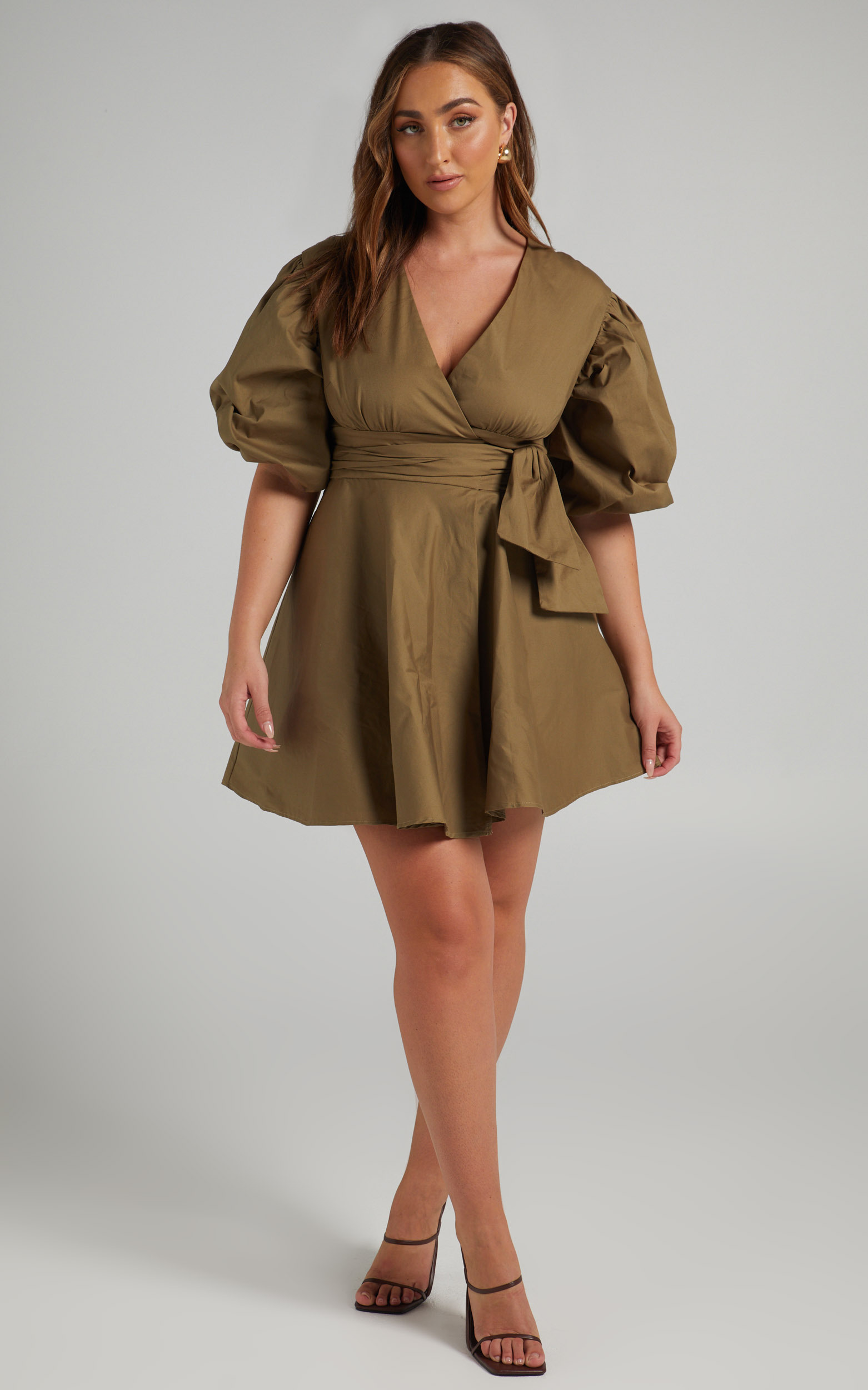 Zyla Puff Sleeve Wrap Mini Dress in Olive - 04, GRN3, hi-res image number null
