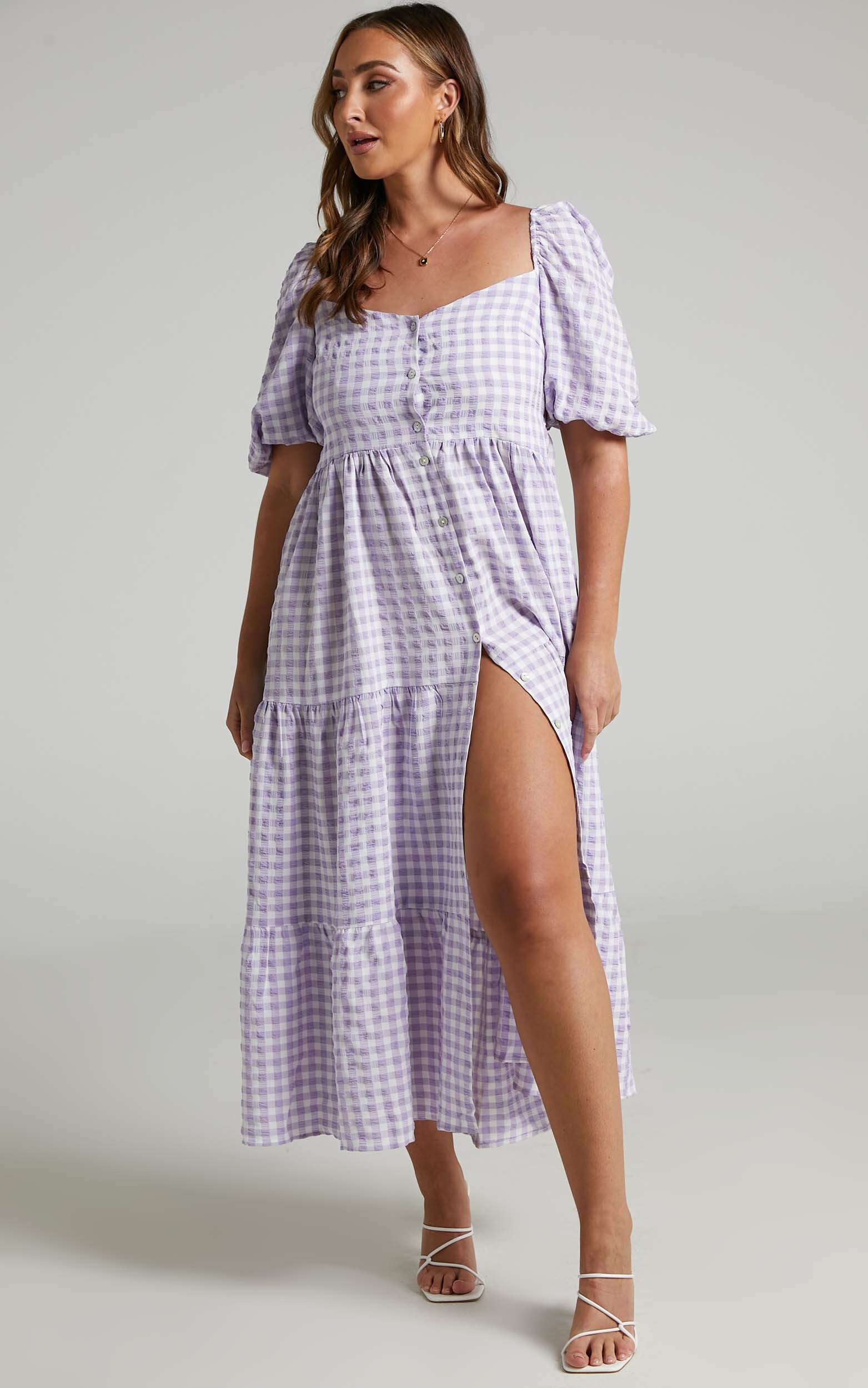 Drigeth Puff Sleeve Open Back Midi Dress in Lilac Gingham - 04, PRP1, hi-res image number null