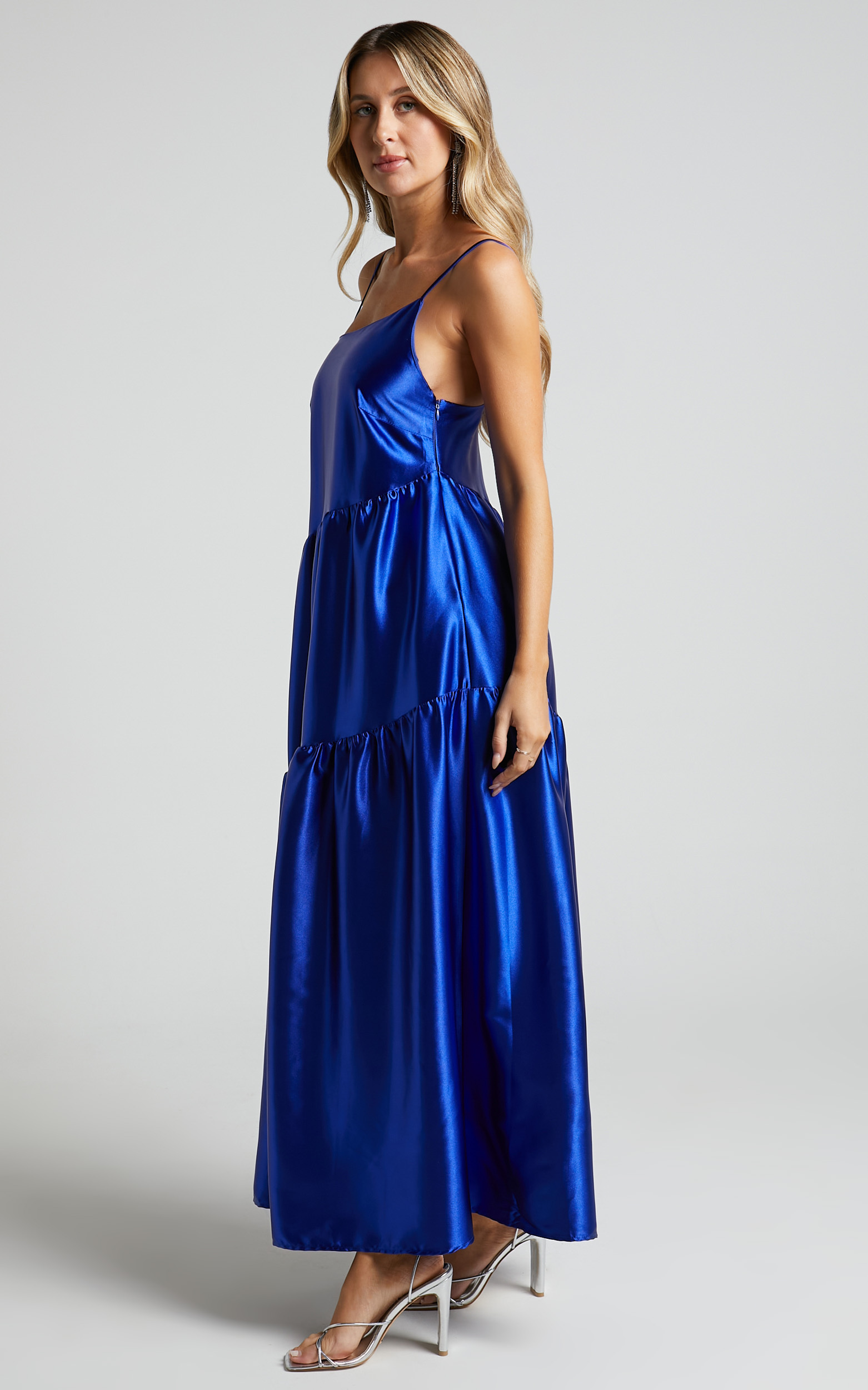 Kamari Asymmetrical A Line Tiered Maxi Dress in Cobalt Blue | Showpo USA