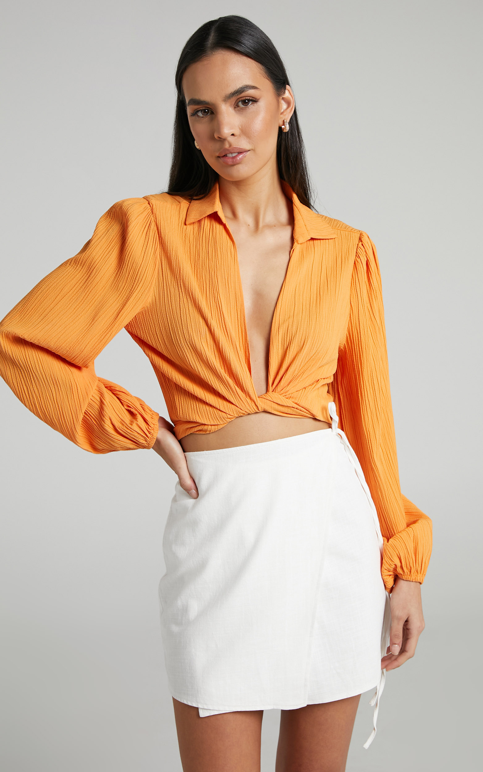 Celestia Wrap Tie Front Long Sleeve Blouse in Mango - 04, ORG1, hi-res image number null