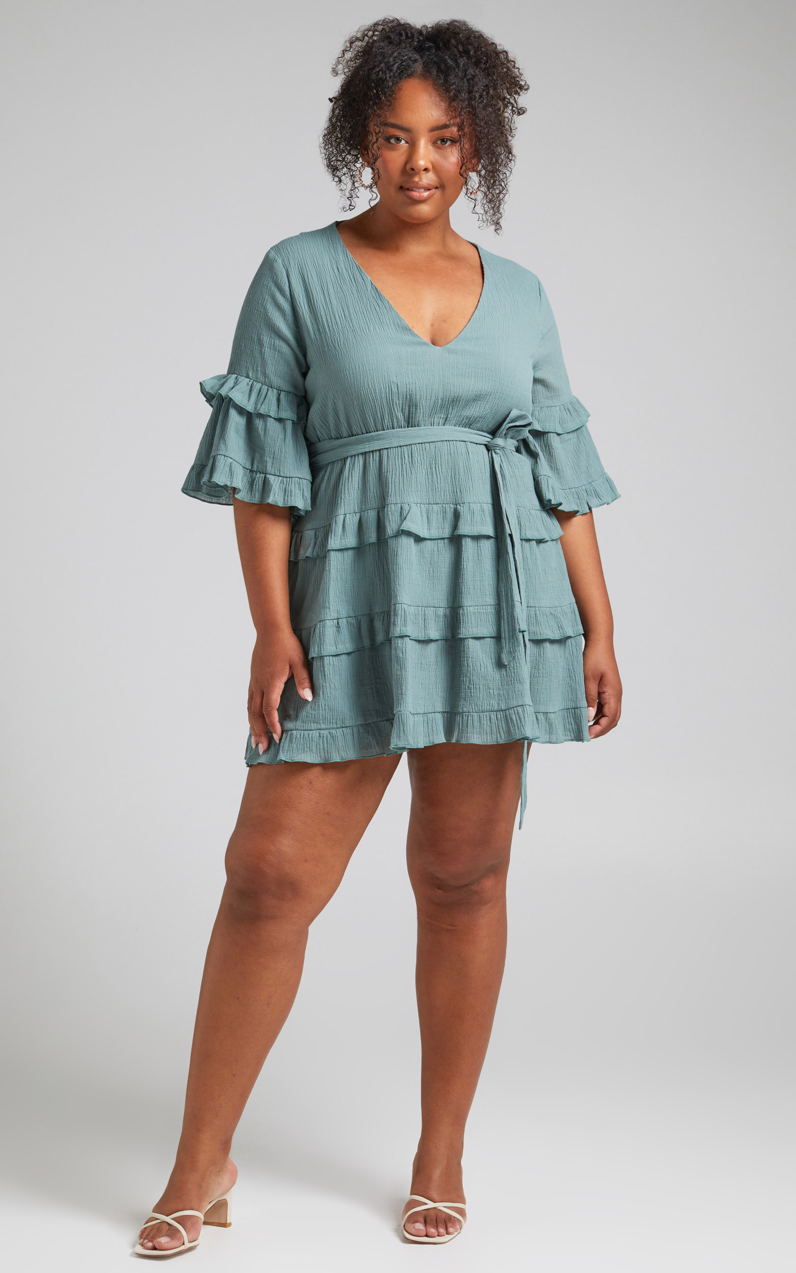 Meet Me In The Sun Tie Waist Tiered Mini Dress in Sage - 04, GRN4, hi-res image number null