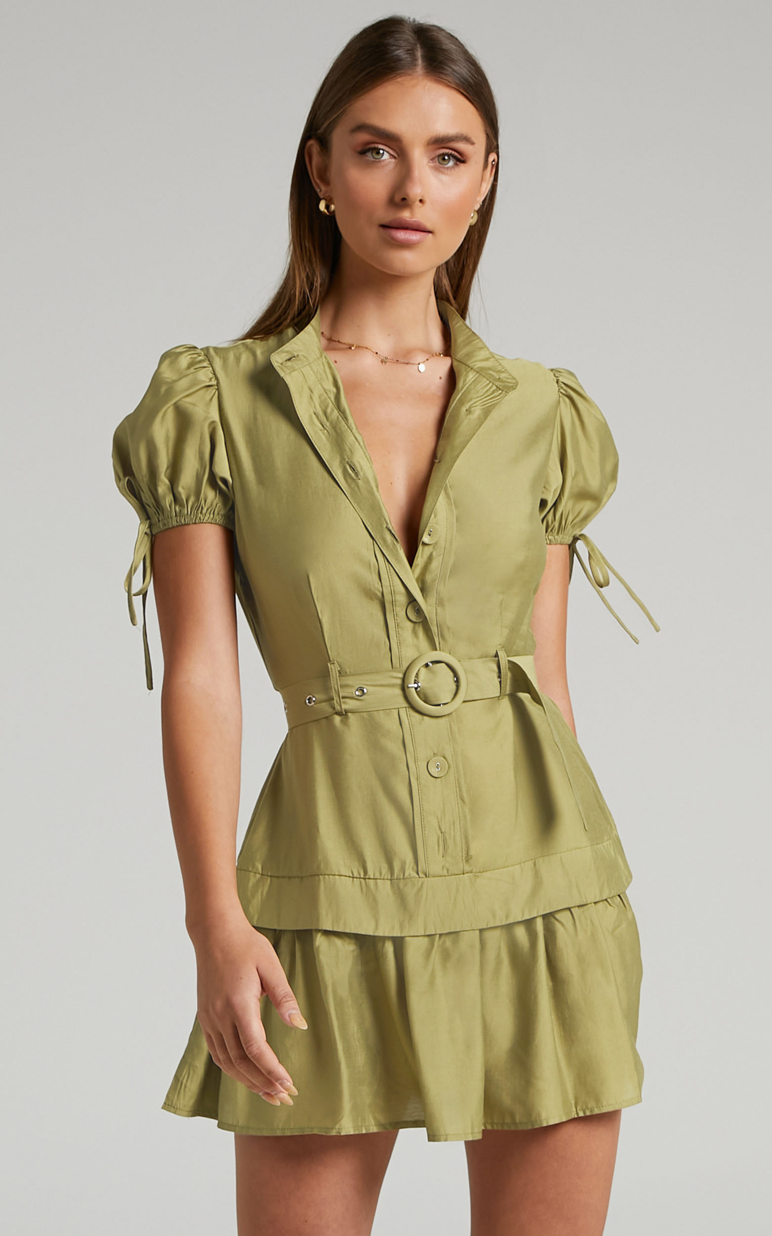 Avonni Belted Button Through Mini Dress in Khaki - 04, GRN1, hi-res image number null