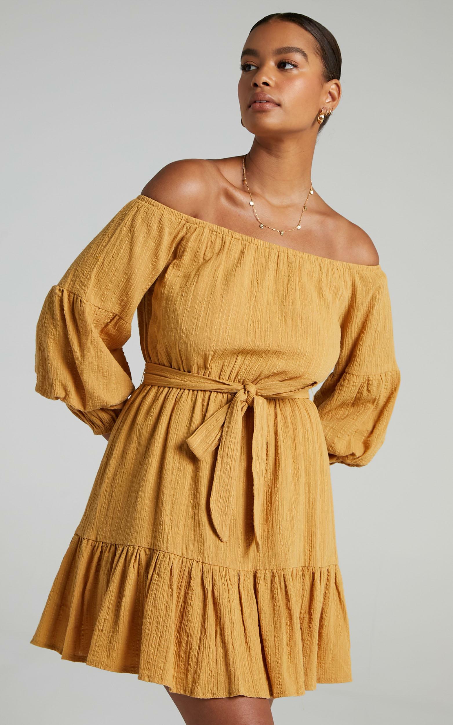 Getting It Right The First Time Off Shoulder Mini Dress in Mustard - 06, YEL3, hi-res image number null