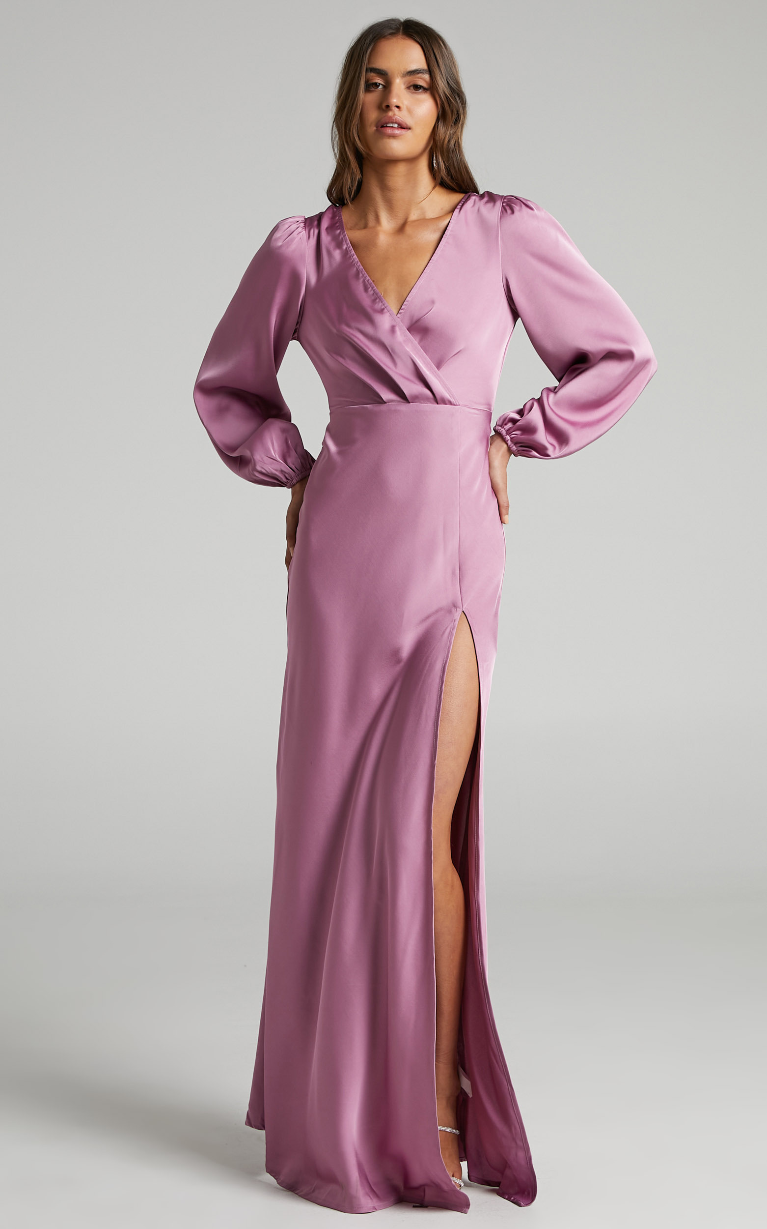Wellah Maxi Dress - Balloon Sleeve Thigh Split V Neck Satin Dress in Orchid - 04, PNK1, hi-res image number null