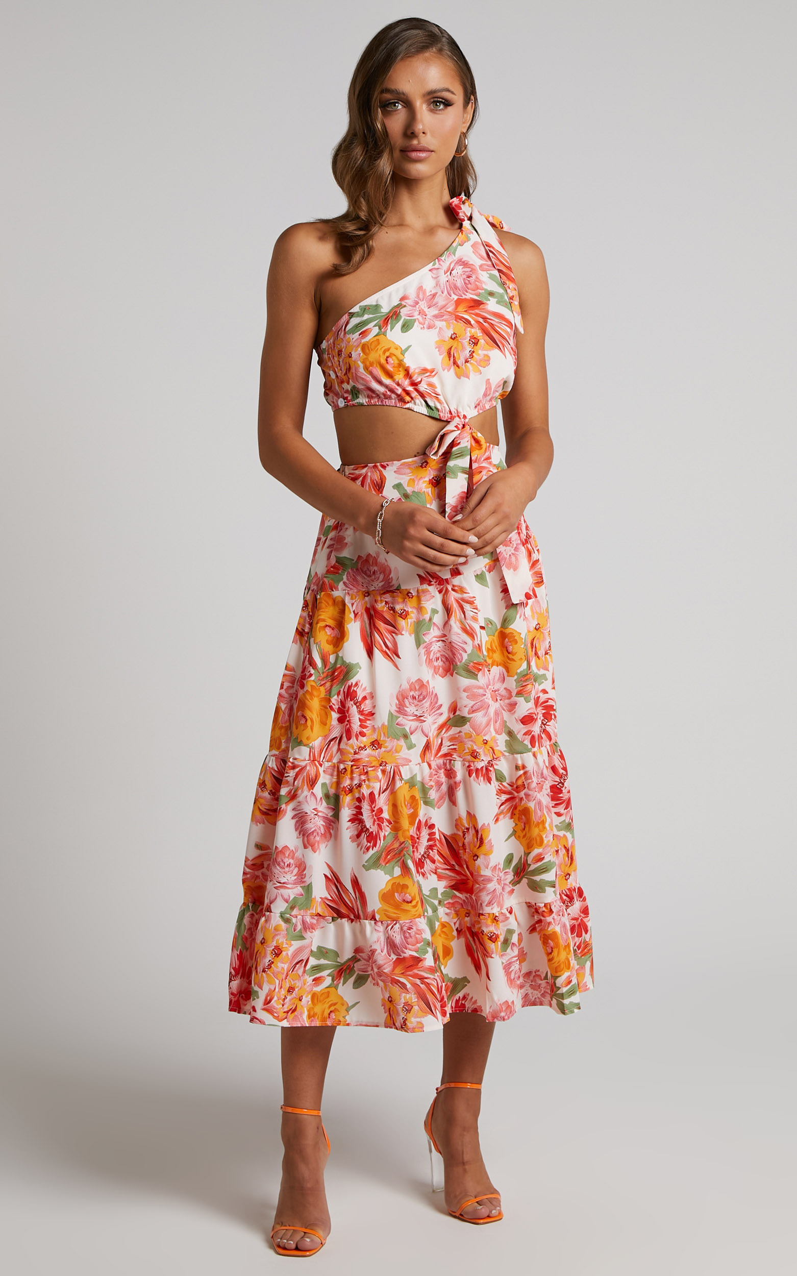 Amabella Maxi Dress - Tie One Shoulder Cut Out Dress in Orange Floral - L, ORG1, hi-res image number null
