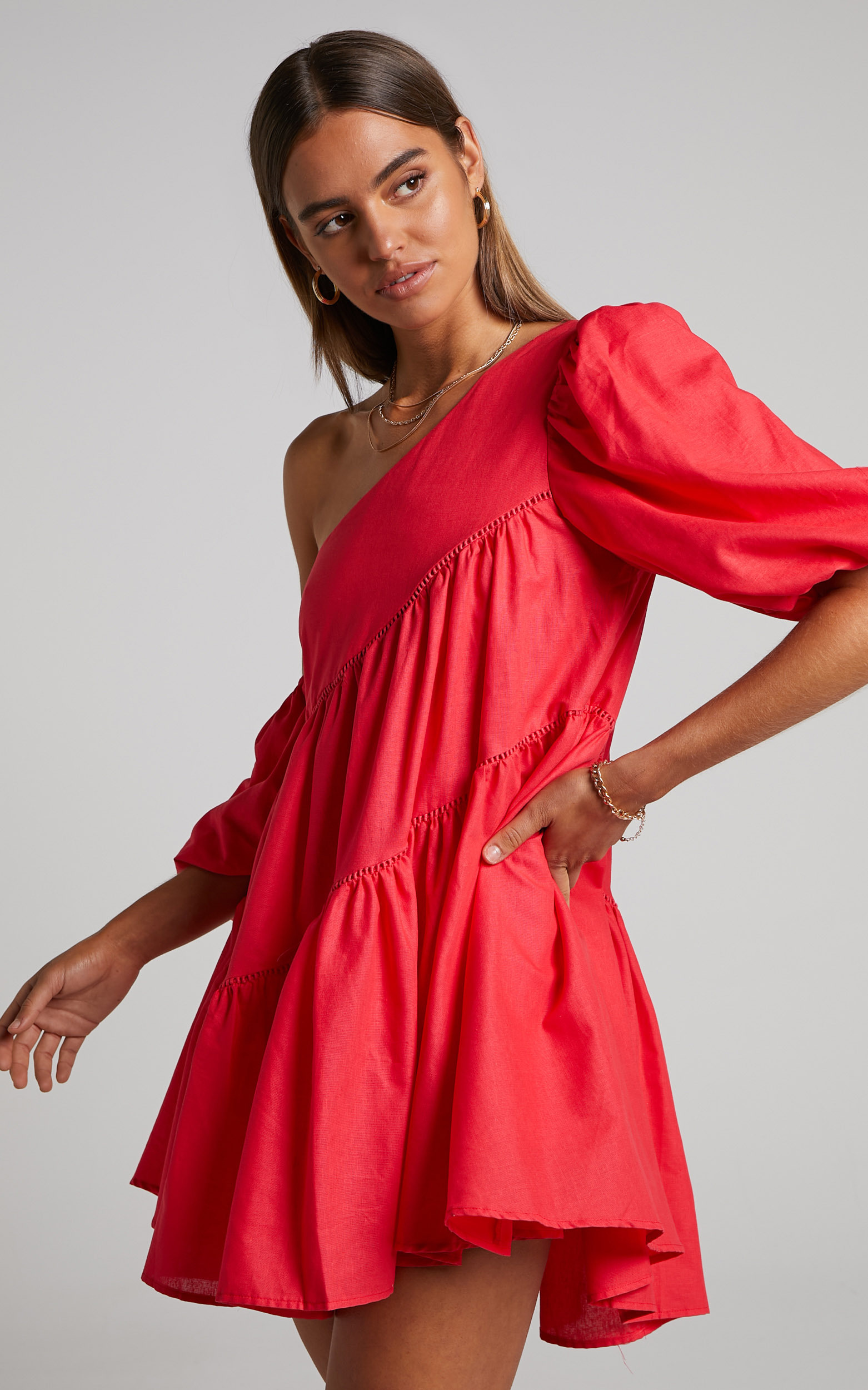 Harleen Mini Dress - Asymmetrical Trim Puff Sleeve Dress in Red | Showpo