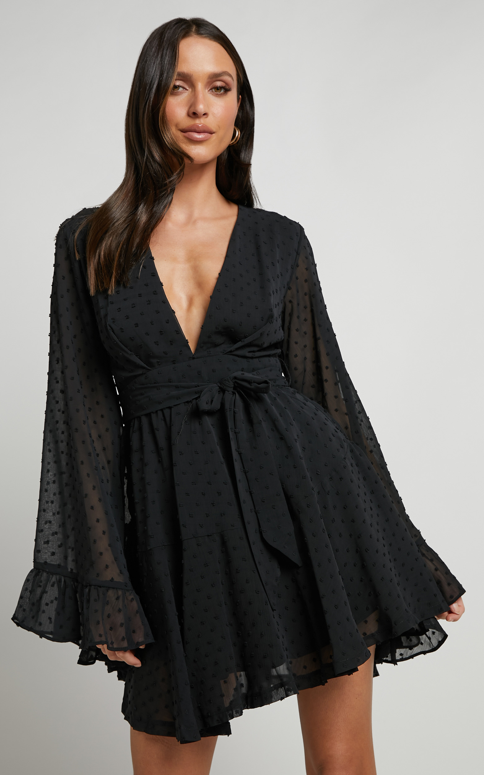 Chantina Mini Dress - Ruched Long Sleeve Plunge Neck Dress in Black ...