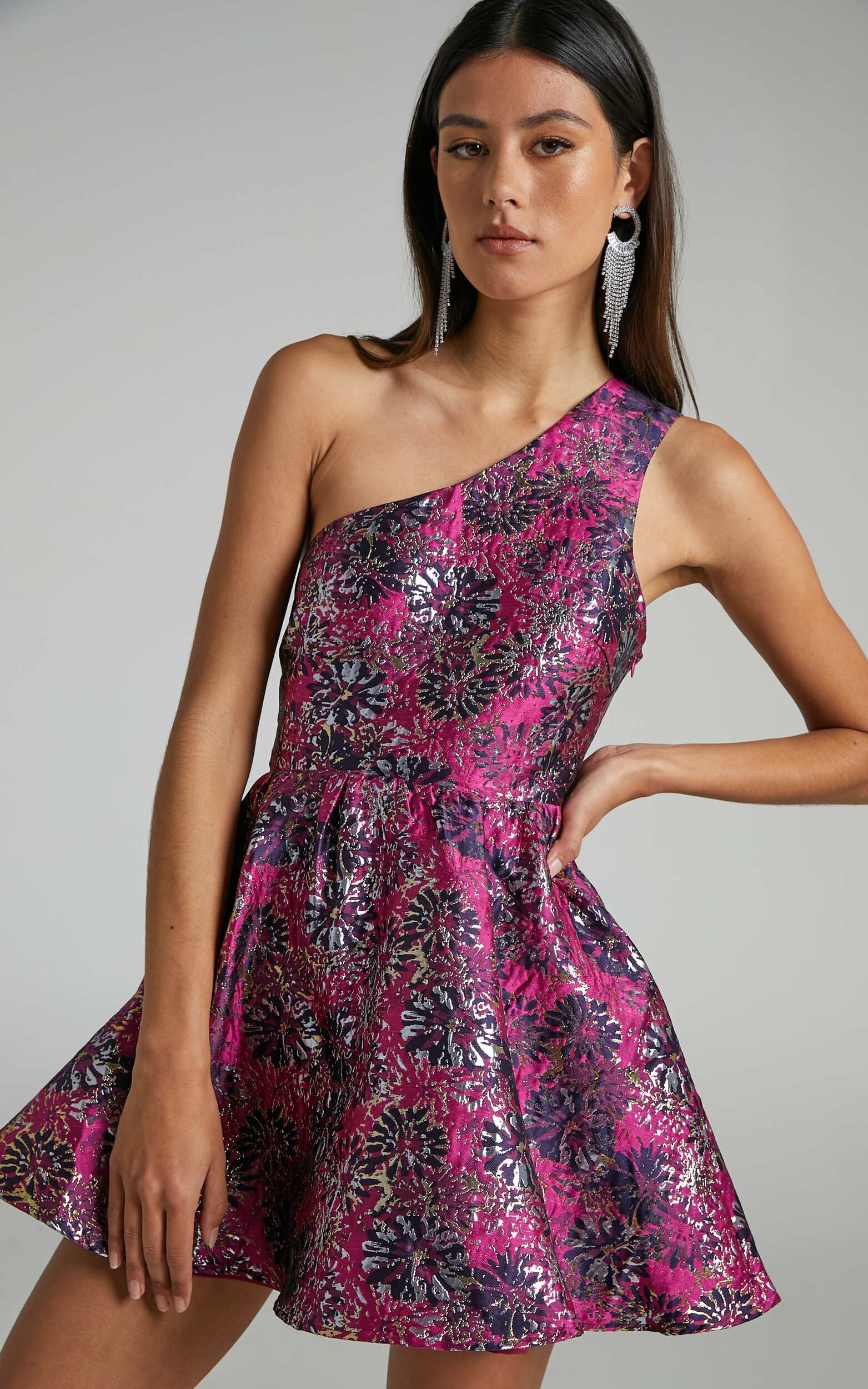 Brailey Rae One Shoulder Fit and Flare Mini Dress in Pink Floral - 04, PNK1, hi-res image number null