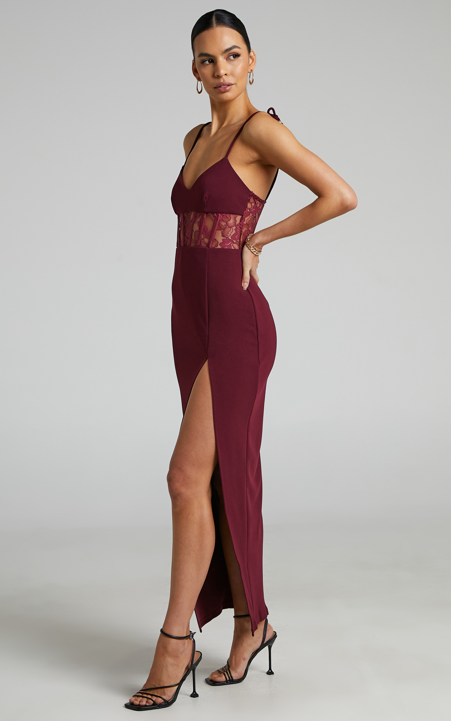Lezel Lace Panel High Split Maxi Pencil Dress in Maroon - 04, WNE1, hi-res image number null