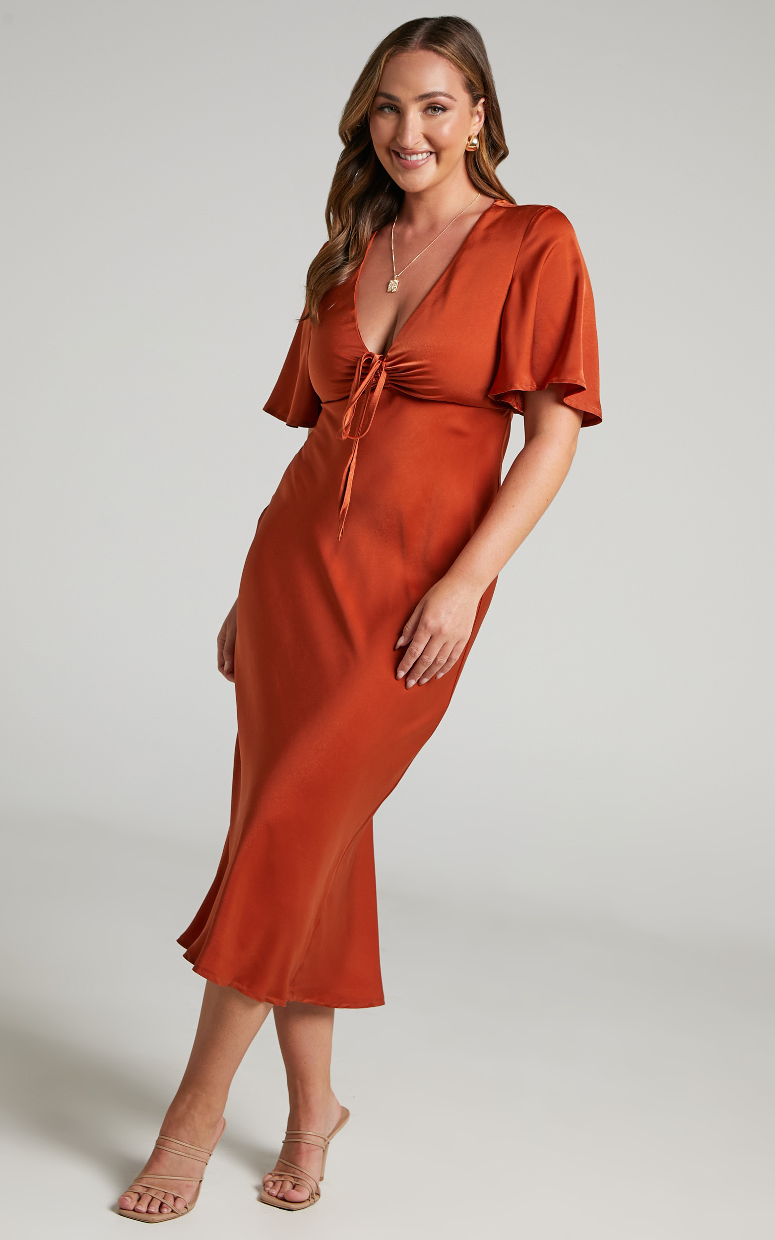 Nicholla Midi Dress - Ruched Front Angel Sleeve Slip Dress in Copper | Showpo