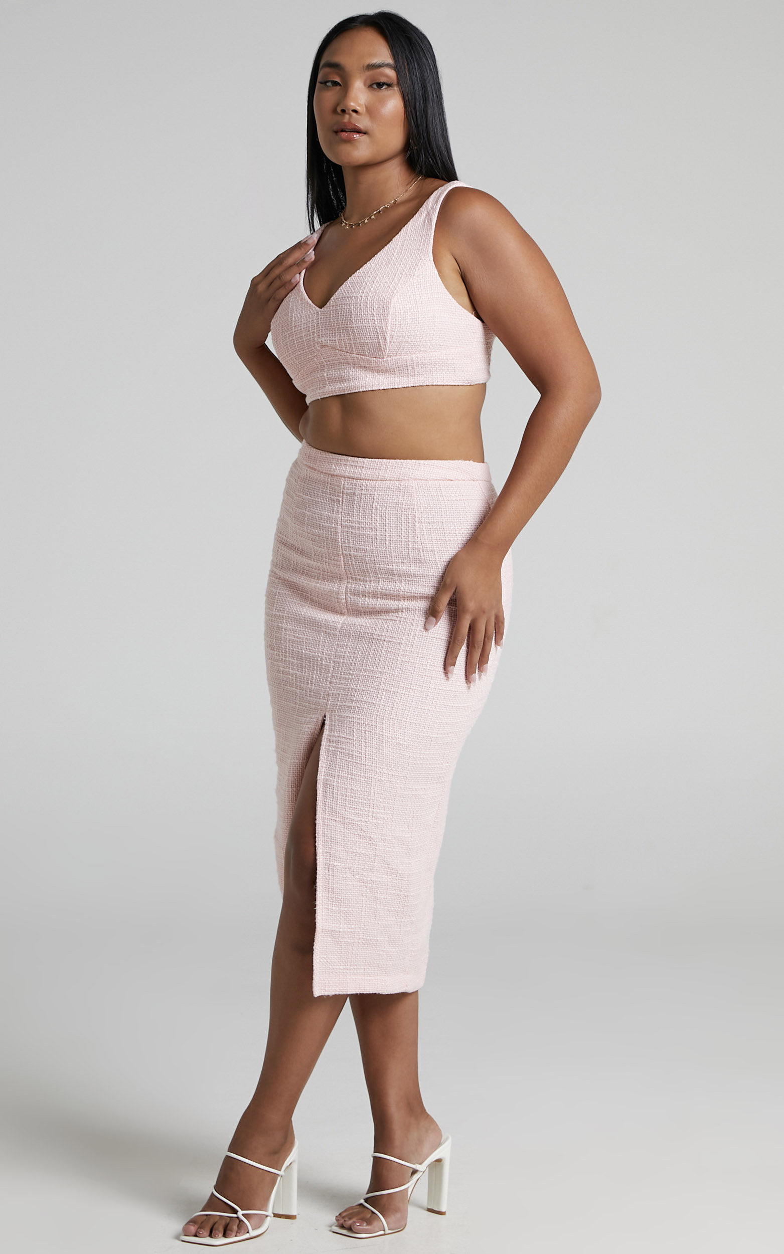 Jhessa Tweed Crop Top and Split Front Midi Skirt Two Piece Set in Pale Pink - 04, PNK1, hi-res image number null