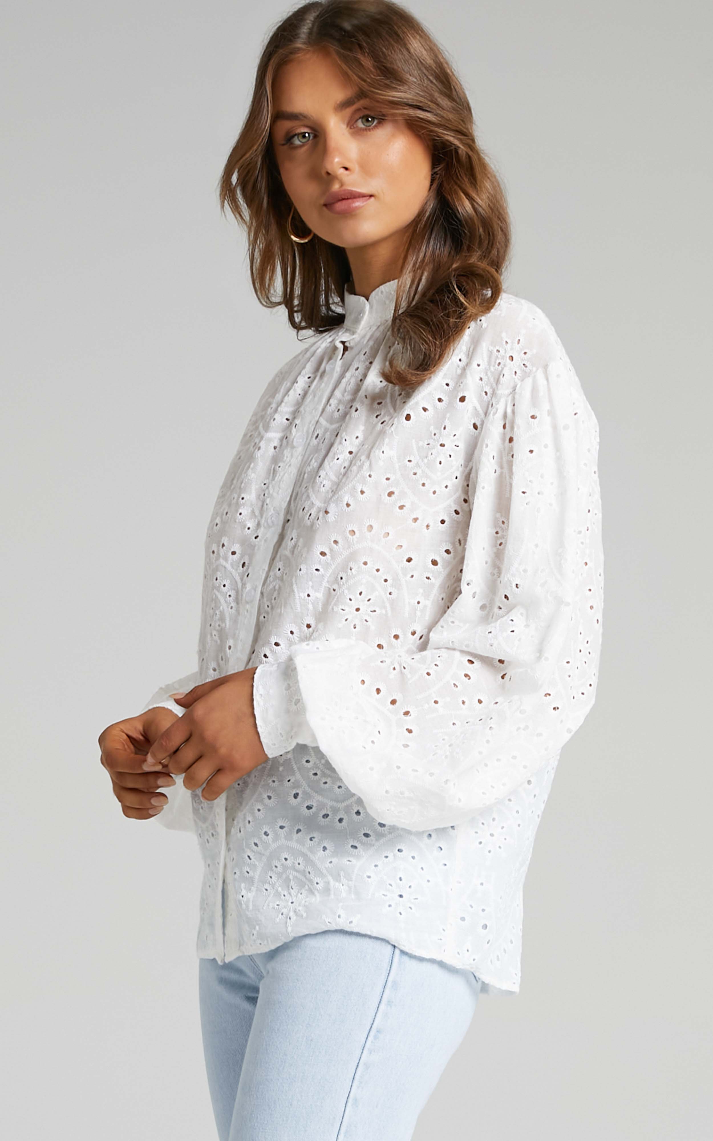 Helda Embroidered Balloon Sleeve Shirt in White - 04, WHT1, hi-res image number null