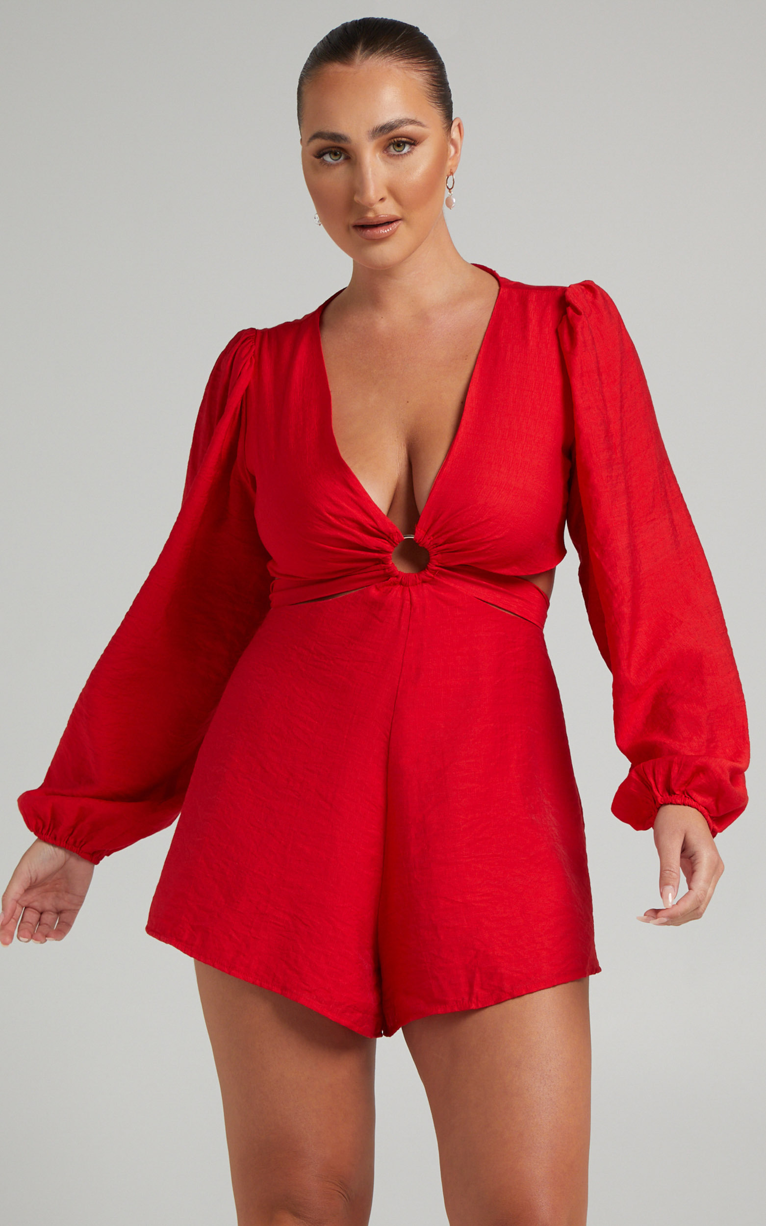 Primrose Cut Out Tie Back Long Sleeve Playsuit in Red - 06, RED2, hi-res image number null
