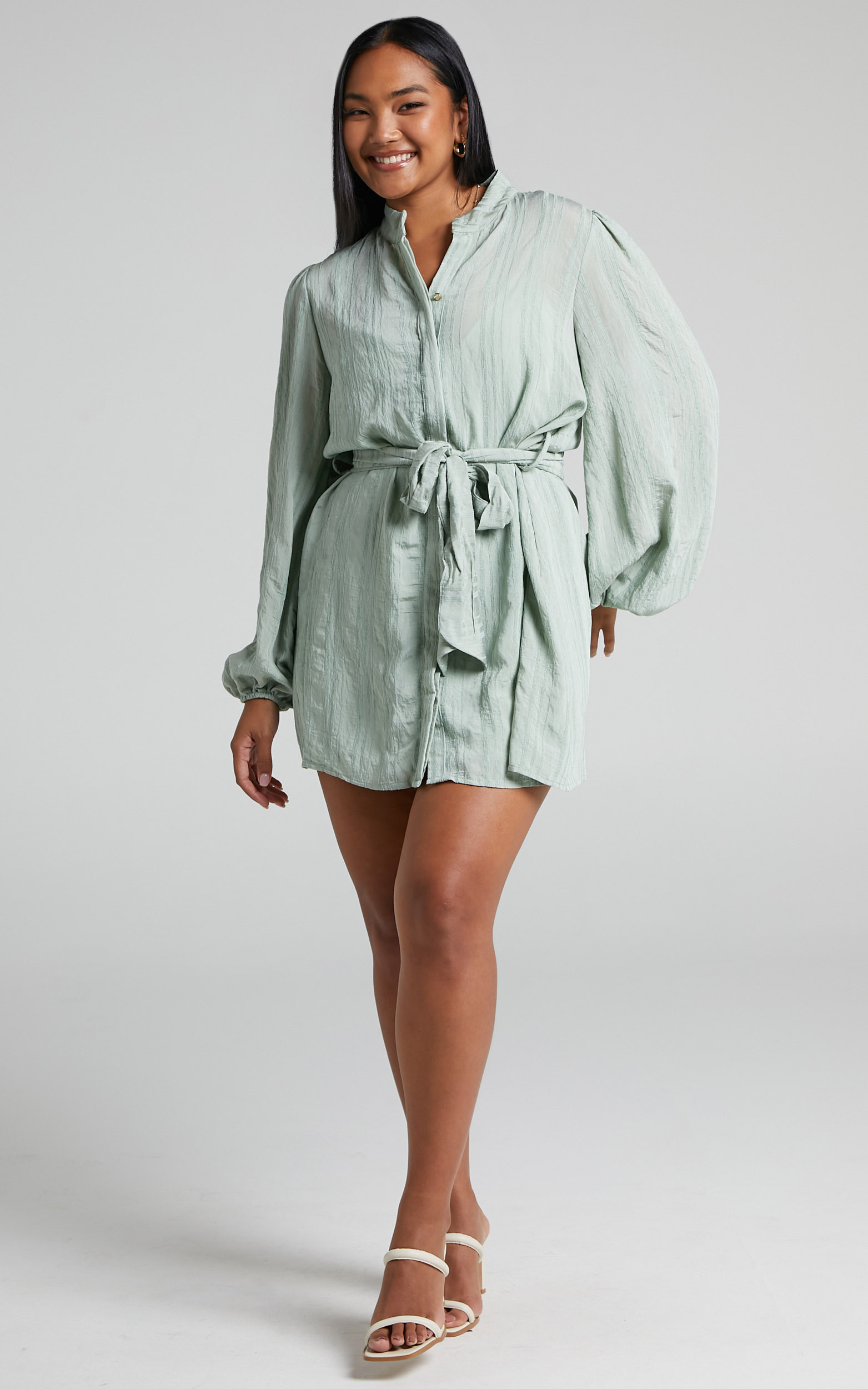 Maika Shift Button Front Balloon Sleeve Mini Dress in Sage - 06, GRN1, hi-res image number null