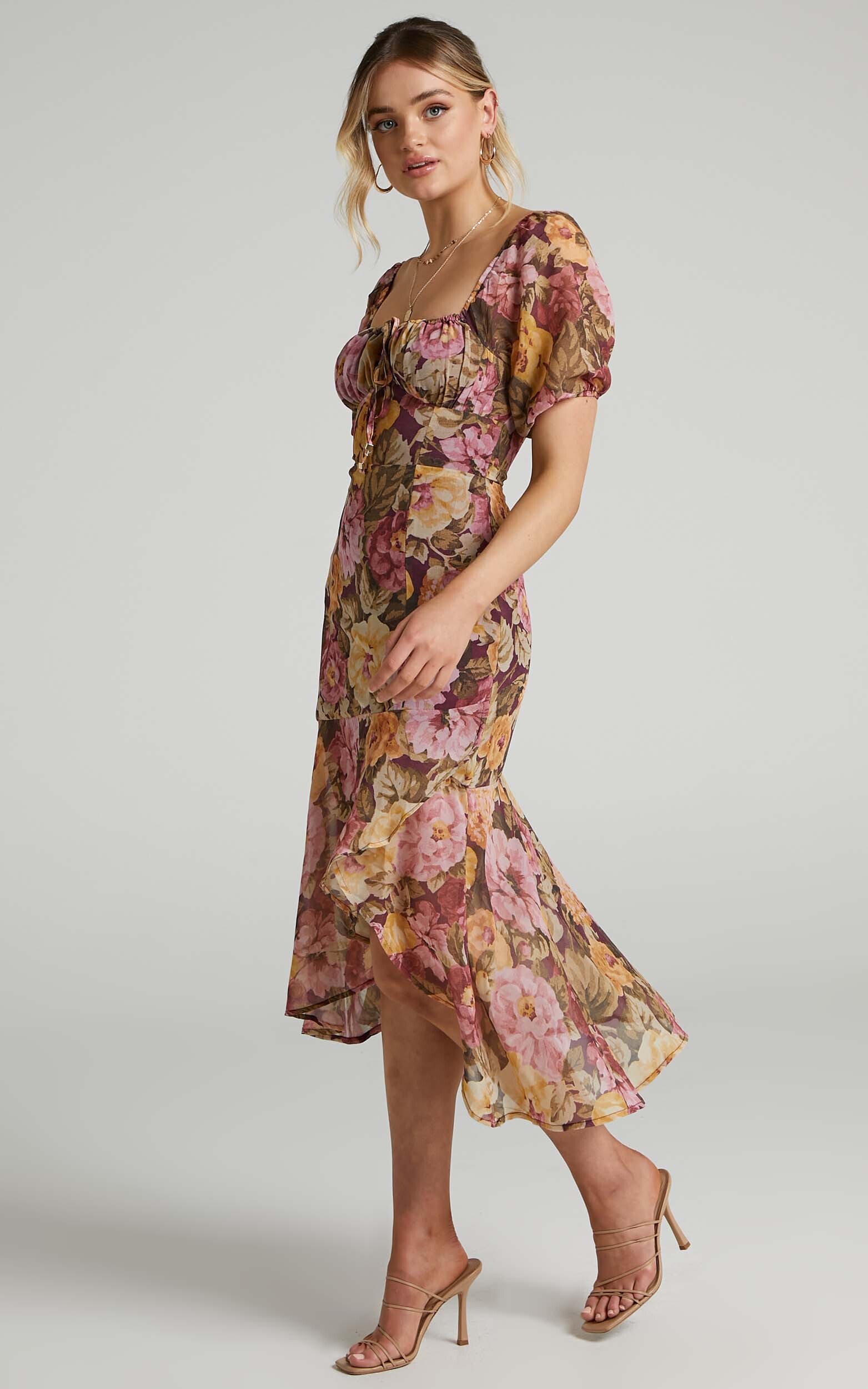 Jasalina Puff Sleeve Midi Dress in Classic Floral - 06, PNK1, hi-res image number null