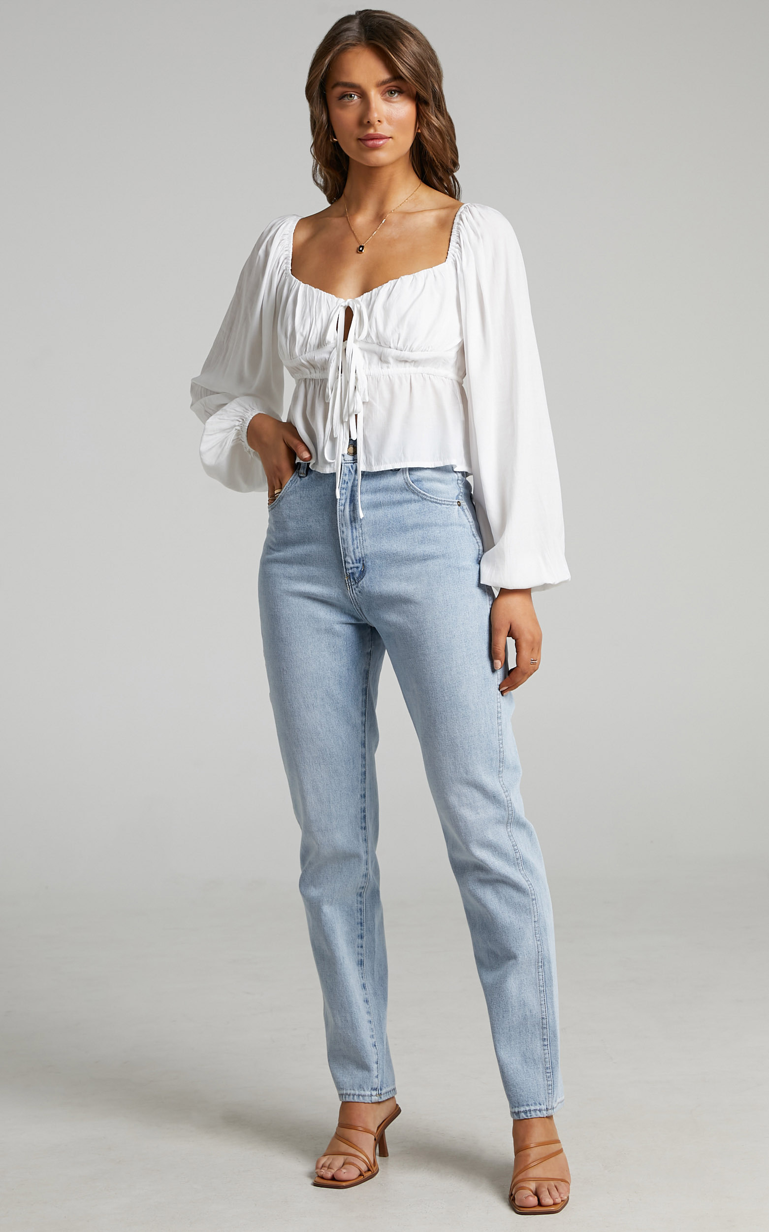 Nadine Long Sleeve Top with Ruched Bust in White - 06, WHT5, hi-res image number null