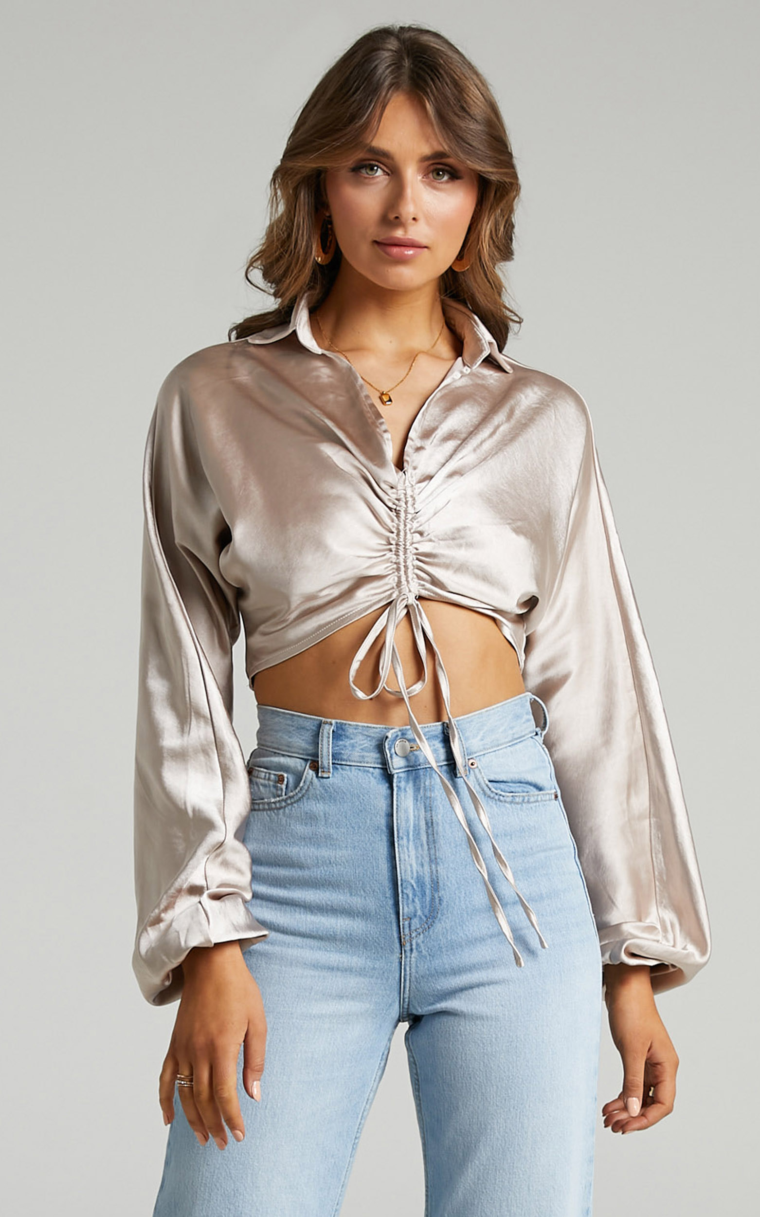 Rio Ruched Front Crop Top with Collar in Champagne Satin - 06, NEU1, hi-res image number null