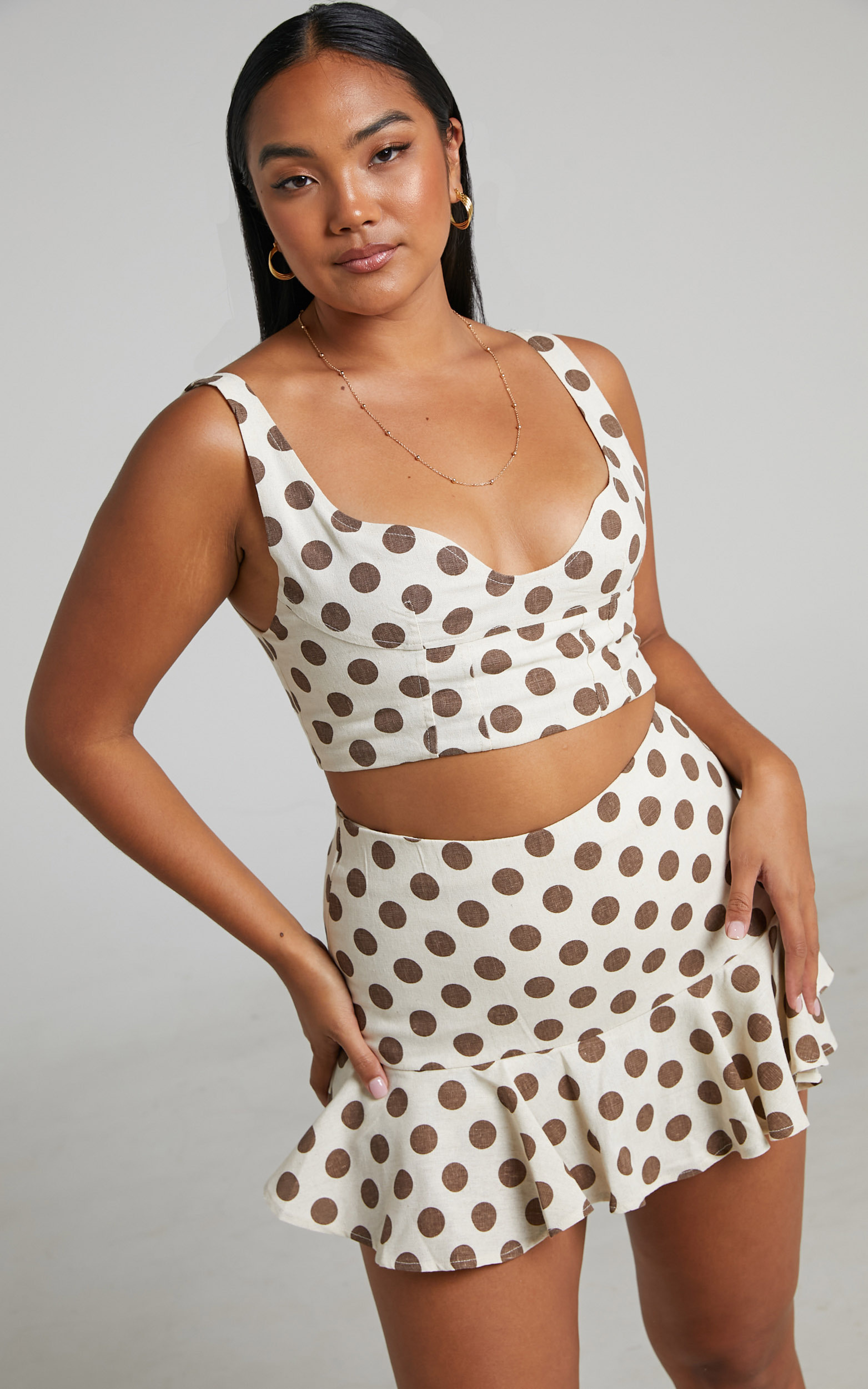 Yolly Bustier Crop Top and Flippy Mini Skirt Two Piece Set in Mocha Spot - 06, WHT1, hi-res image number null