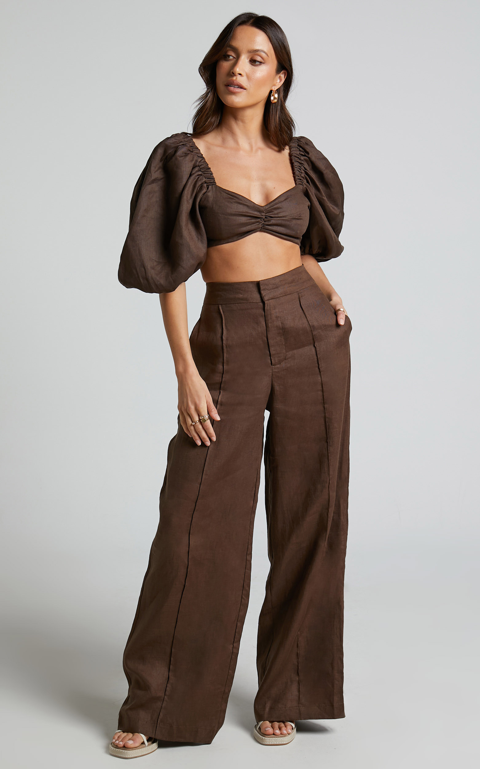 Amalie The Label - Aleydise Linen Wide Leg Pants in Chocolate - 06, BRN1, hi-res image number null