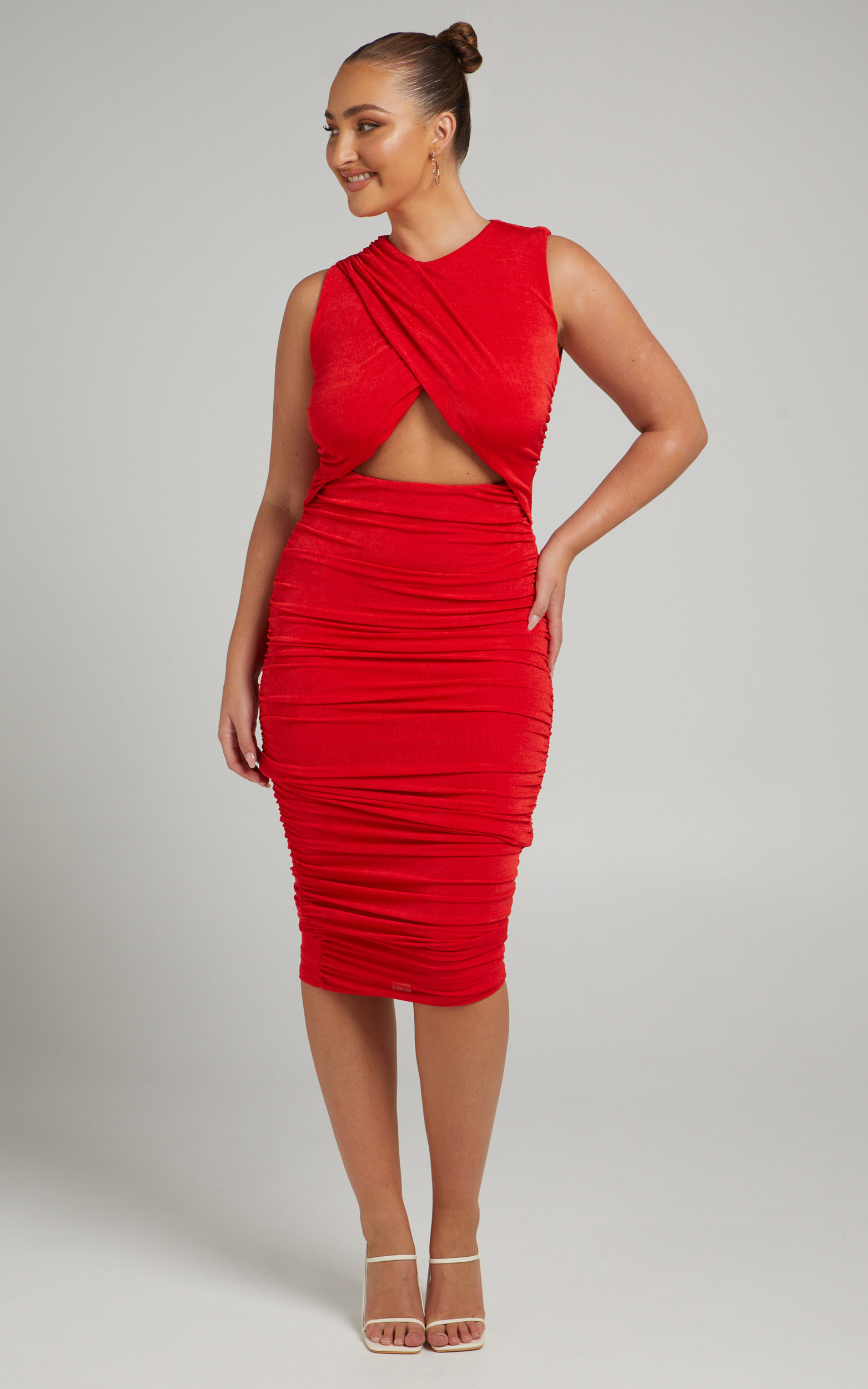 Selita Ruched High Neck Midi Dress in Red - 06, RED5, hi-res image number null