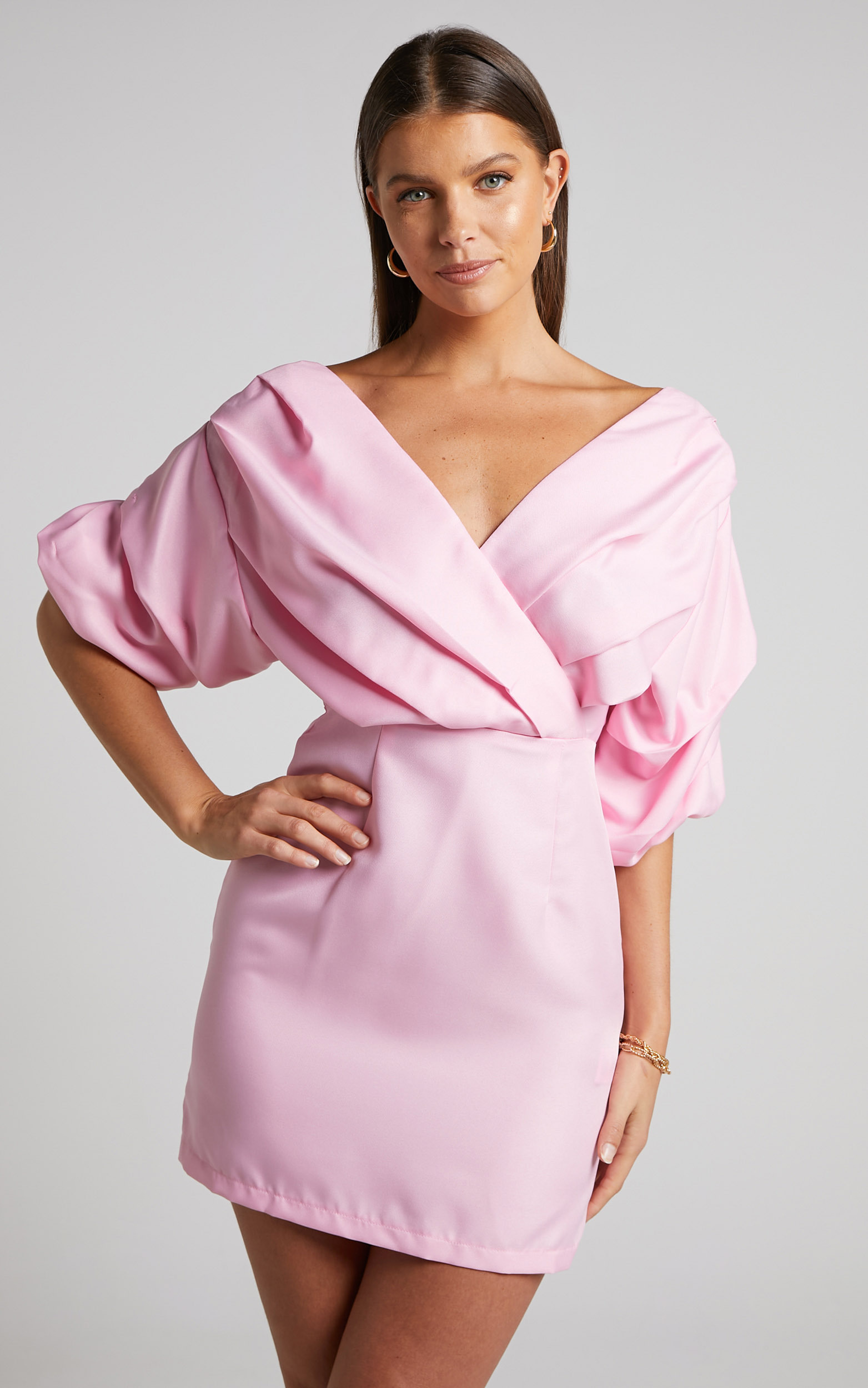Anastasija Mini Dress - Off Shoulder V Neck Dress in Ice Pink - 06, PNK2, hi-res image number null