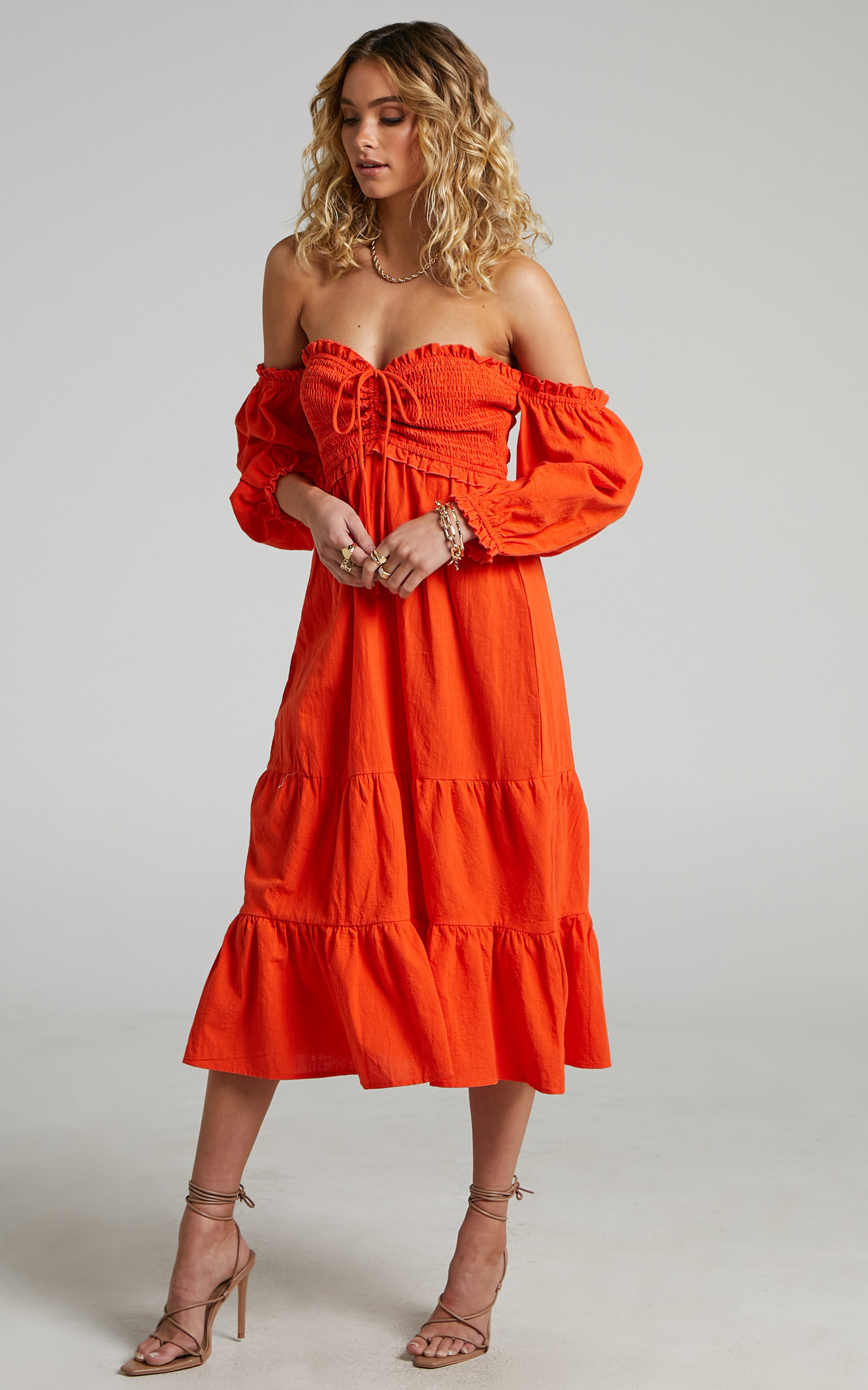 Nikka Midi Dress - Shirred Off Shoulder Puff Sleeve Dress in Oxy Fire - 06, ORG1, hi-res image number null