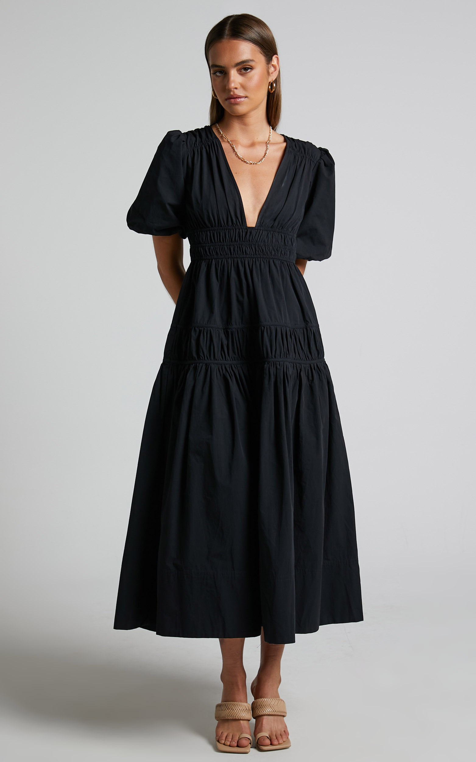 Mellie Midi Dress - Puff Sleeve Plunge Tiered Dress in Black | Showpo
