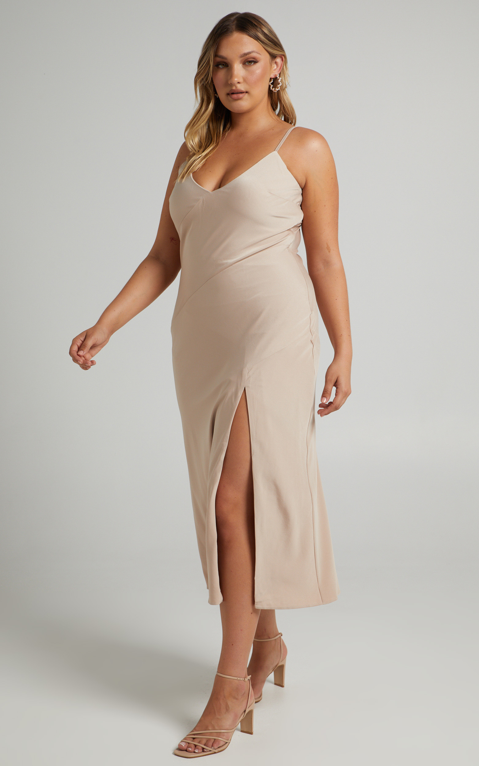 Luminescent Lover Bias Cut V Neck Midi Dress in Champagne - 04, NEU2, hi-res image number null