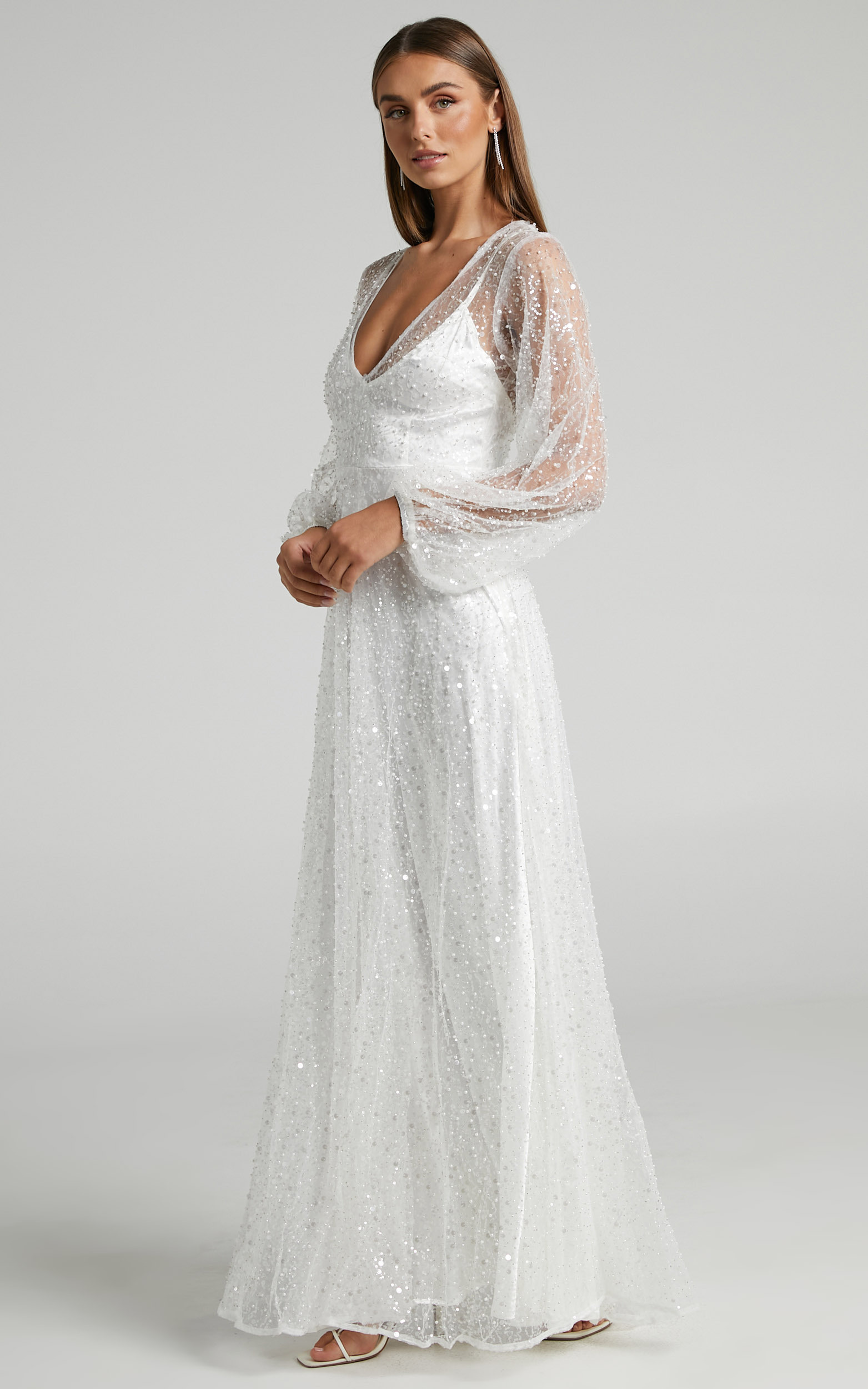 Leauna Bridal Gown - Sheer Long Sleeve Deep V Neck Embellished Tulle Gown in Ivory - 06, WHT1, hi-res image number null
