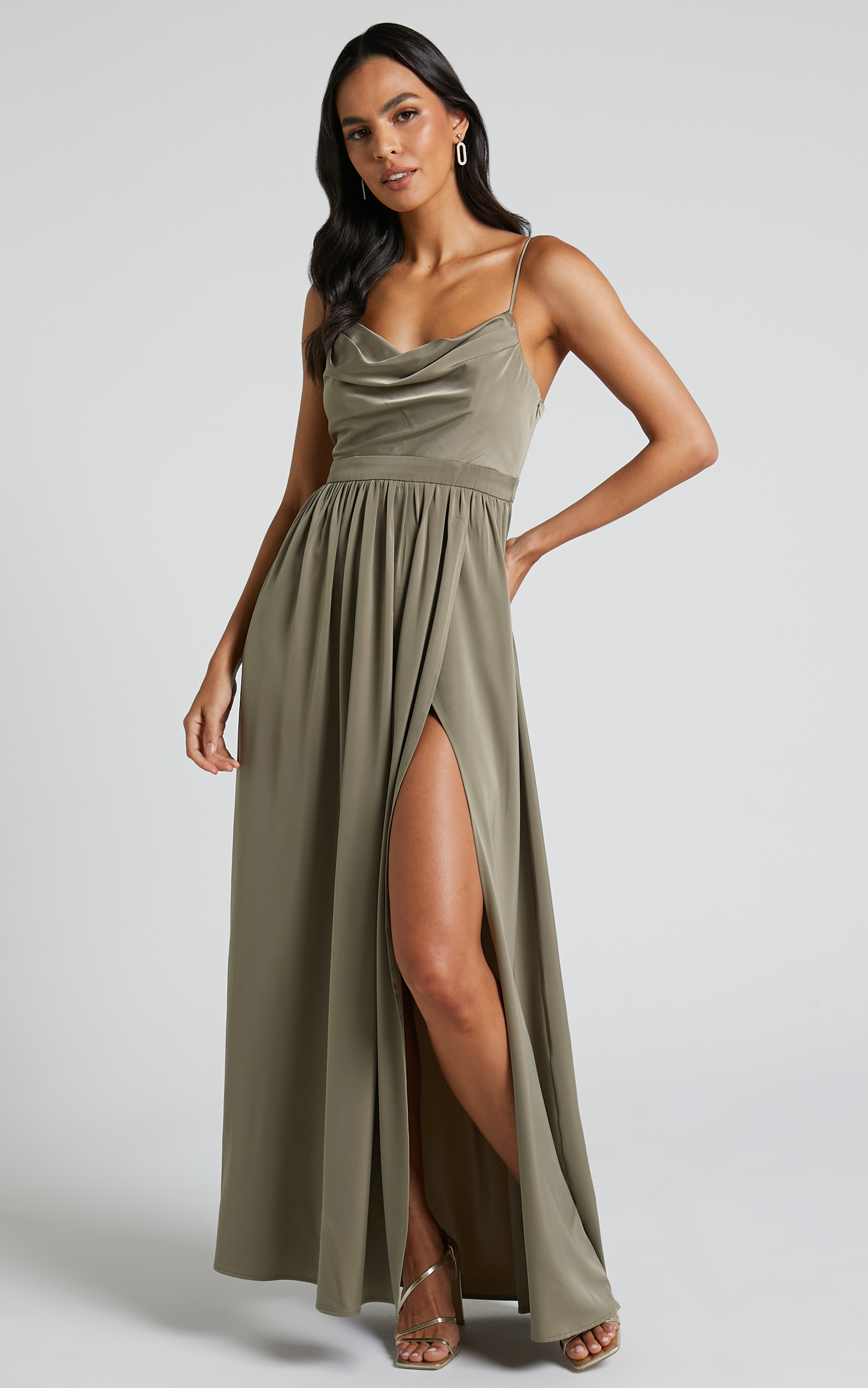 Gemalyn Maxi Dress - Cowl Neck Thigh Split Dress in Olive - 04, GRN1, hi-res image number null