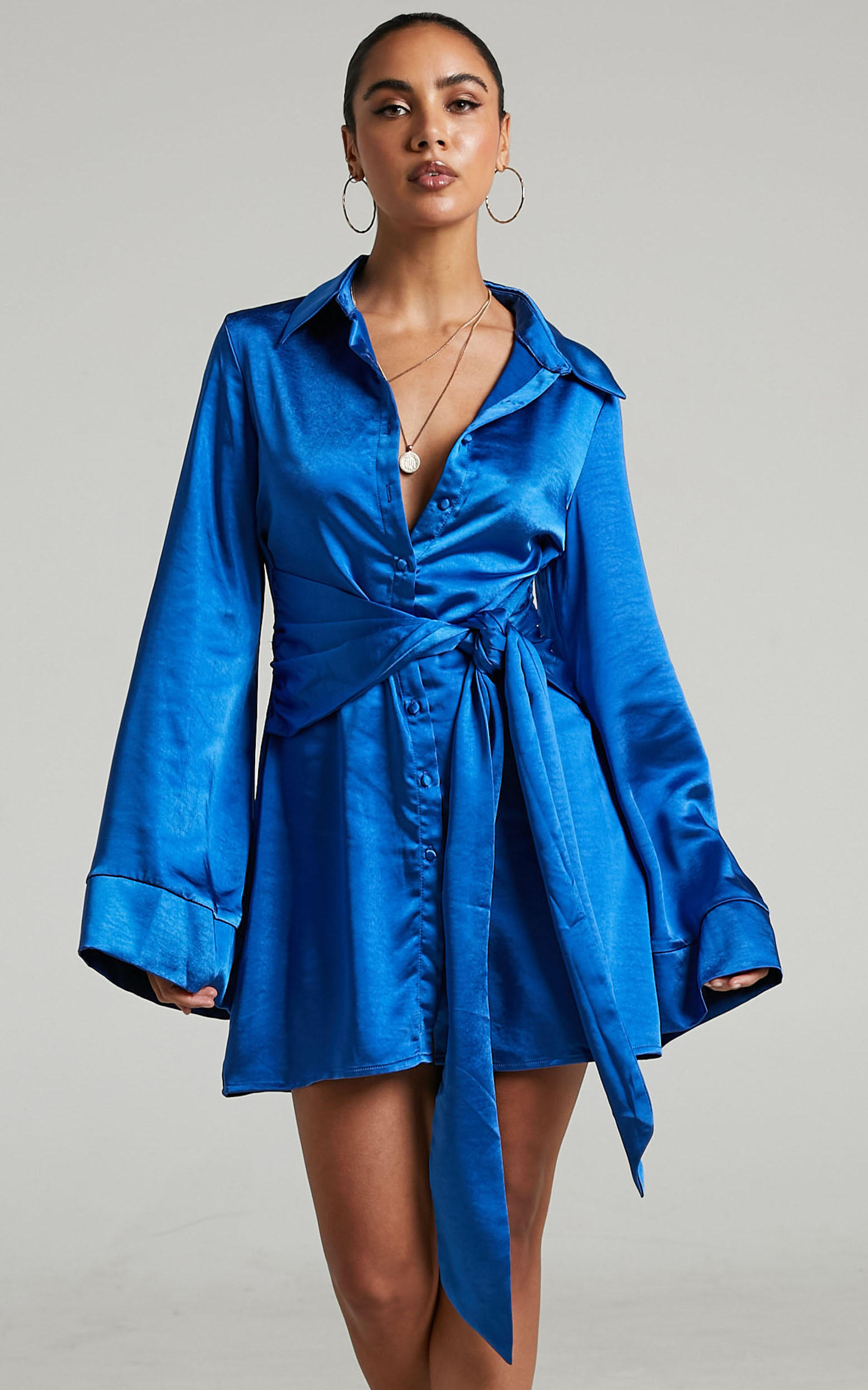 Hadid Button Down Waist Tie Shirt Dress in Electric Blue - 06, BLU2, hi-res image number null