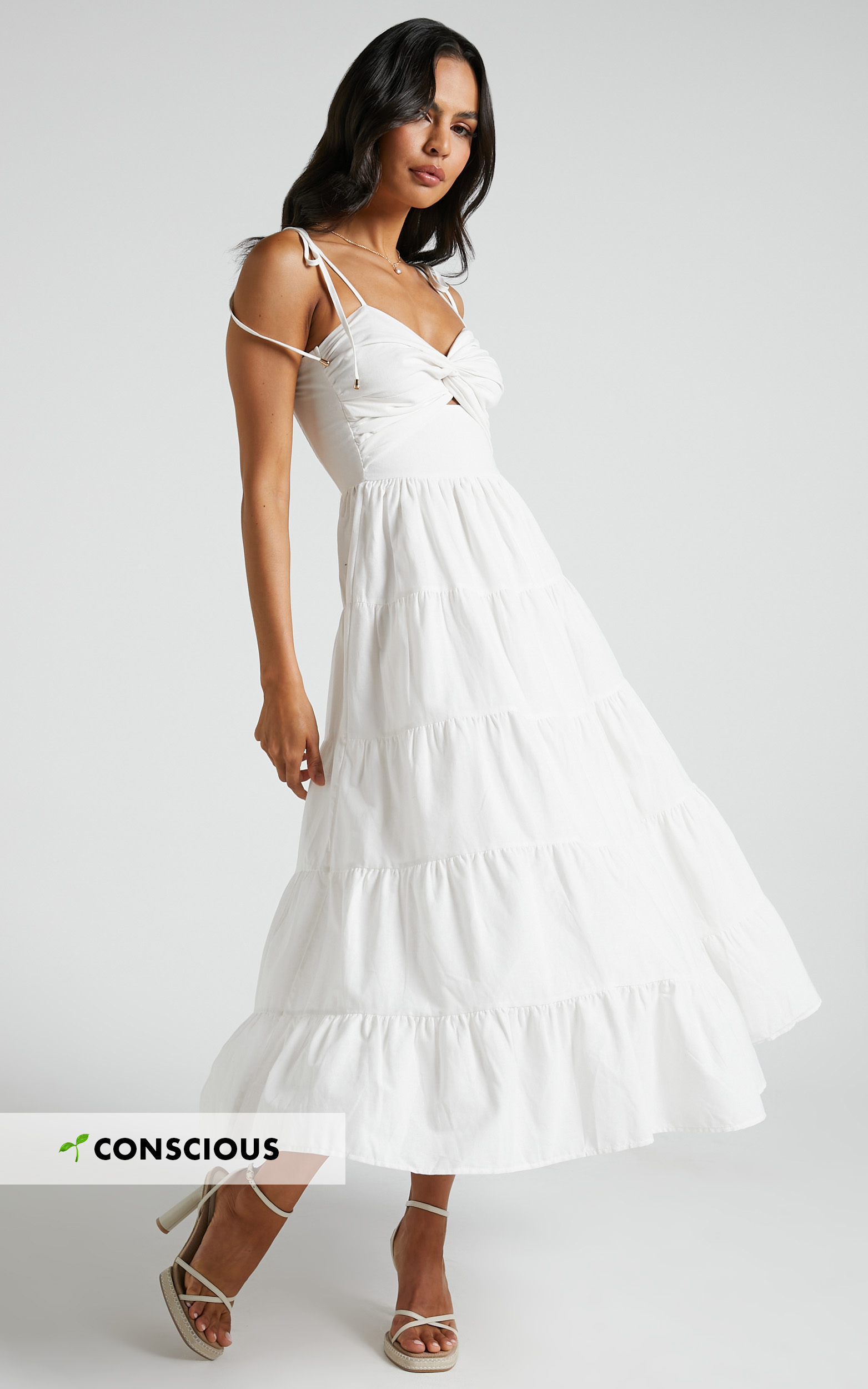 Leticia Maxi Dress - Twist Front Tie Strap Tiered Dress in Off White - 06, WHT2, hi-res image number null