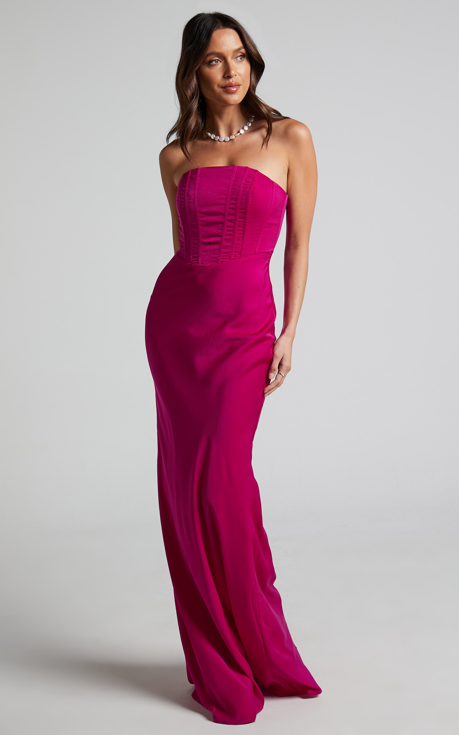 Scarlett Maxi Dress - Strapless Corset Satin Dress in Fuchsia | Showpo USA