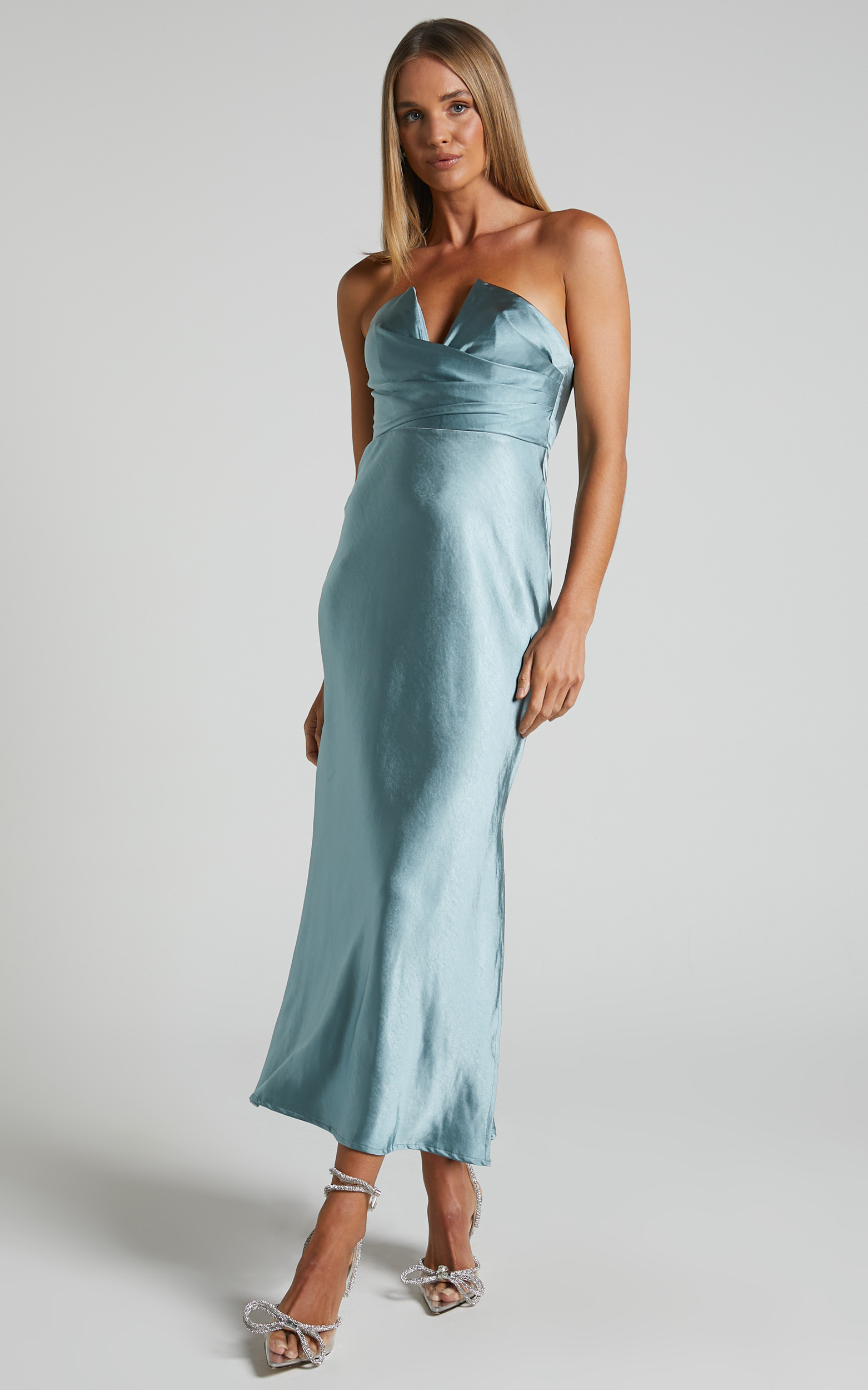 Jaslynn Midi Dress - Strapless V Neck Satin Dress in Ice Blue - 06, BLU2, hi-res image number null