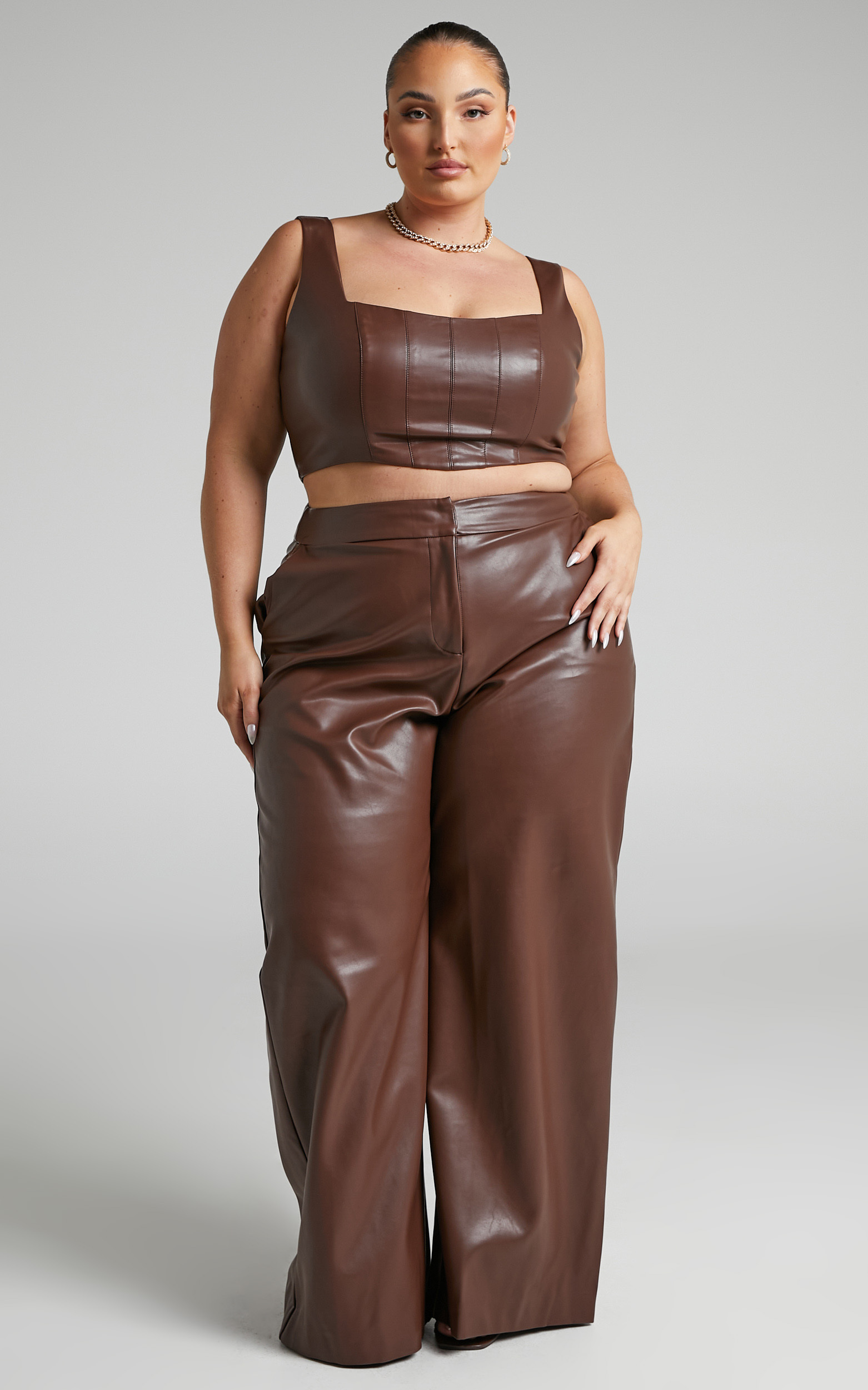 Minx Faux Leather Wide Leg Trousers in Chocolate - 04, BRN2, hi-res image number null